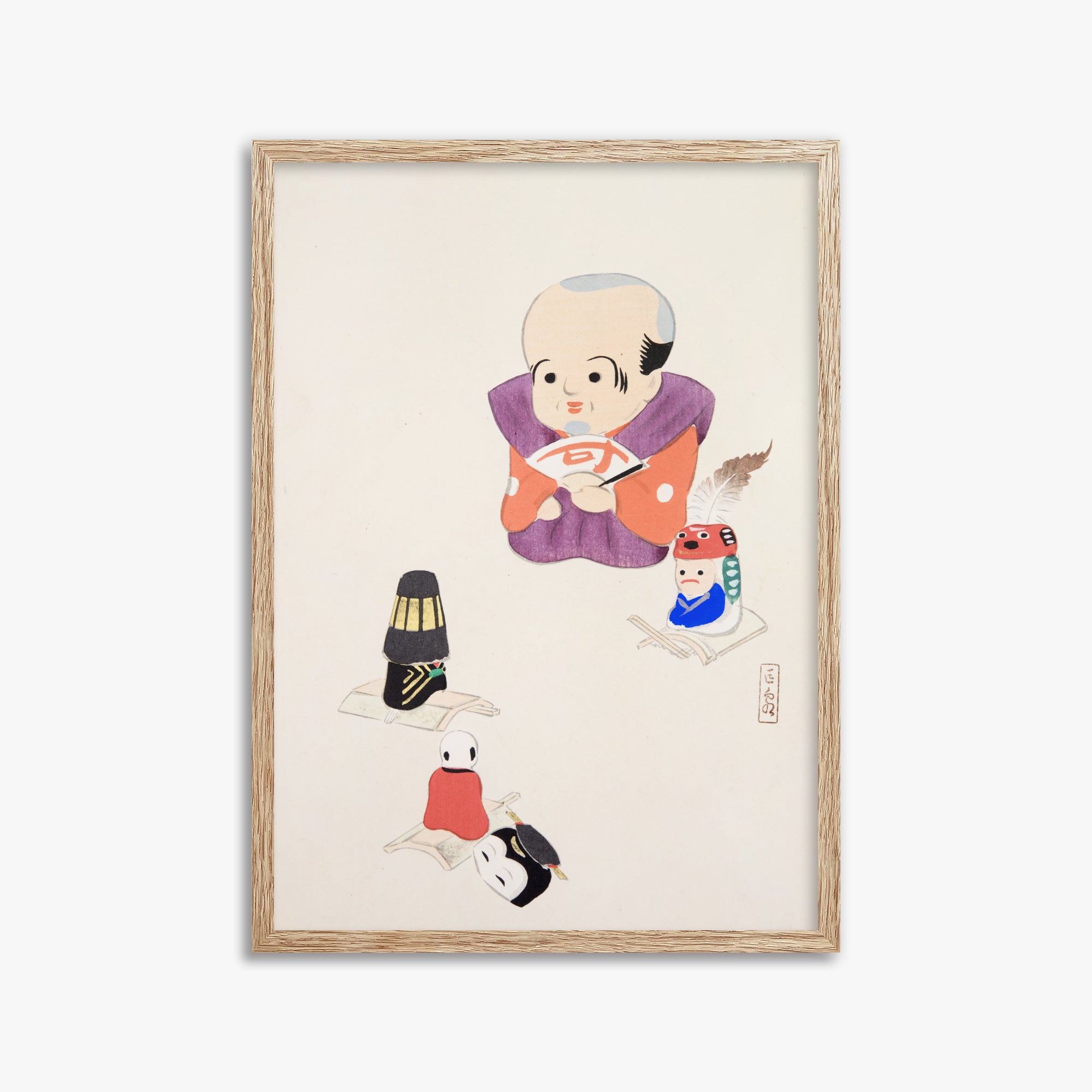 Kawasaki Kyosen: Kyosen’s Collected Illustrations of Japanese Toys Nr. 78 ("Traditional Oriental Toys"), 50x70cm Framed Art Reproduction With Raw Oak Frame