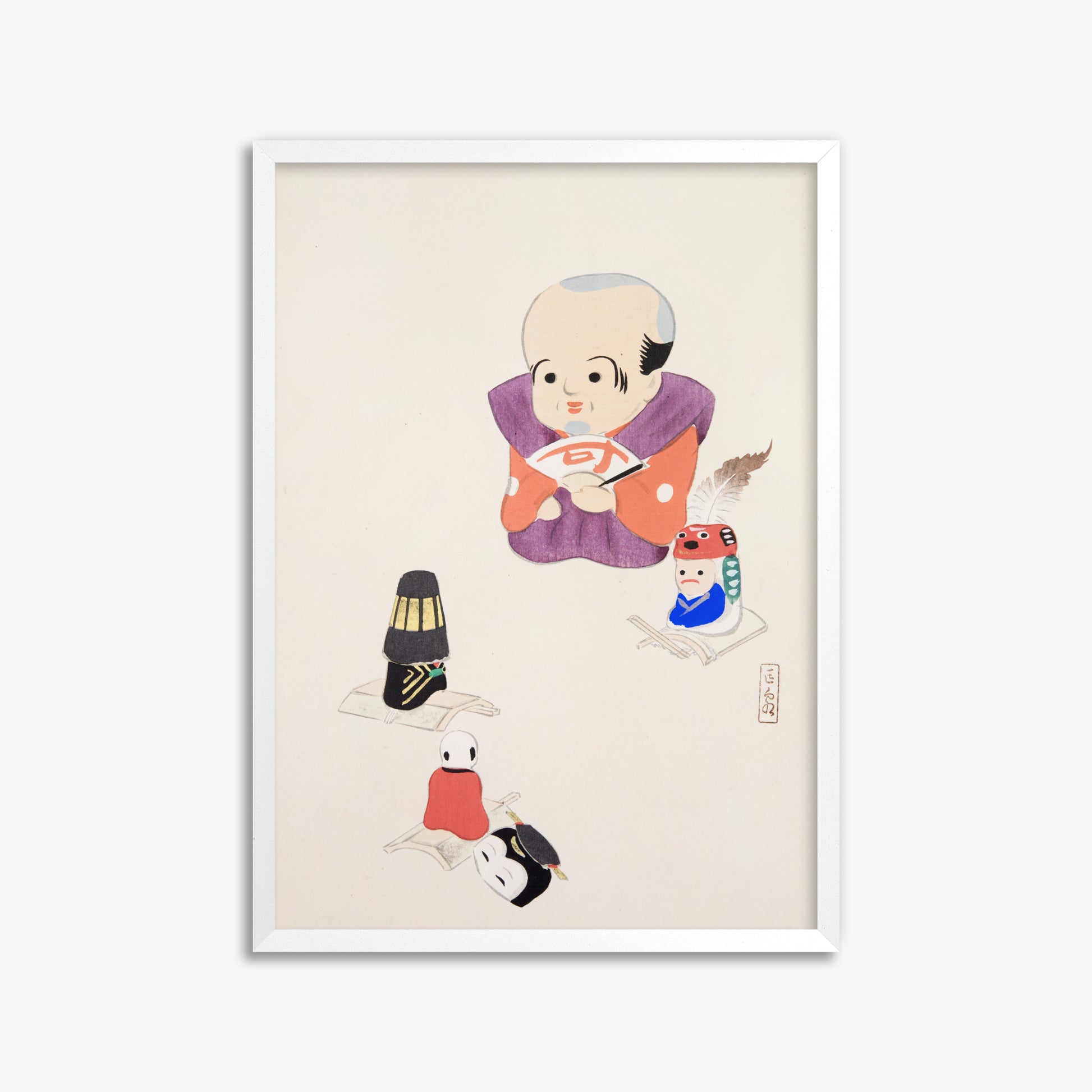 Kawasaki Kyosen: Kyosen’s Collected Illustrations of Japanese Toys Nr. 78 ("Traditional Oriental Toys"), 50x70cm Framed Art Reproduction With White Frame