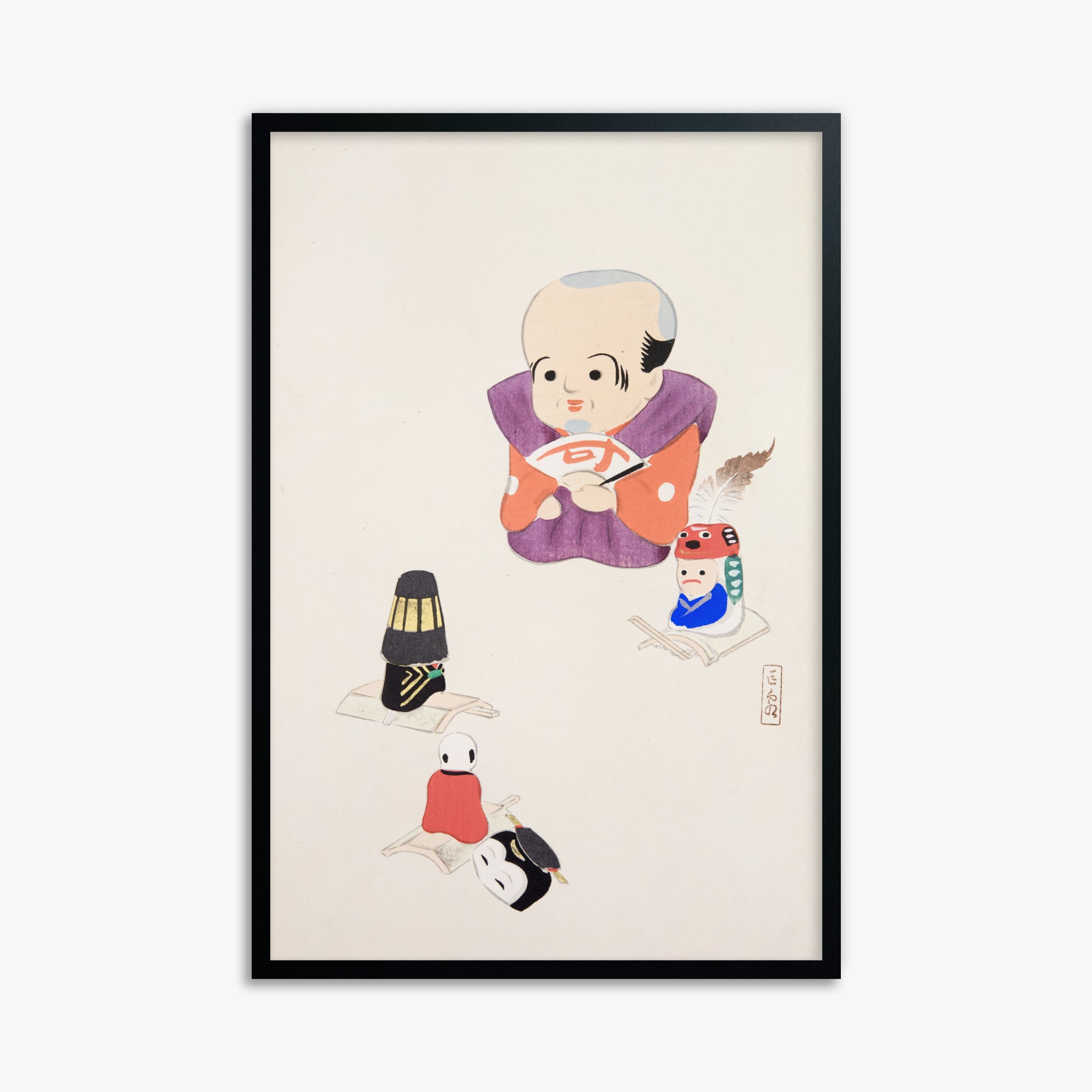 Kawasaki Kyosen: Kyosen’s Collected Illustrations of Japanese Toys Nr. 78 ("Traditional Oriental Toys"), 61x91cm Framed Art Reproduction With Black Frame