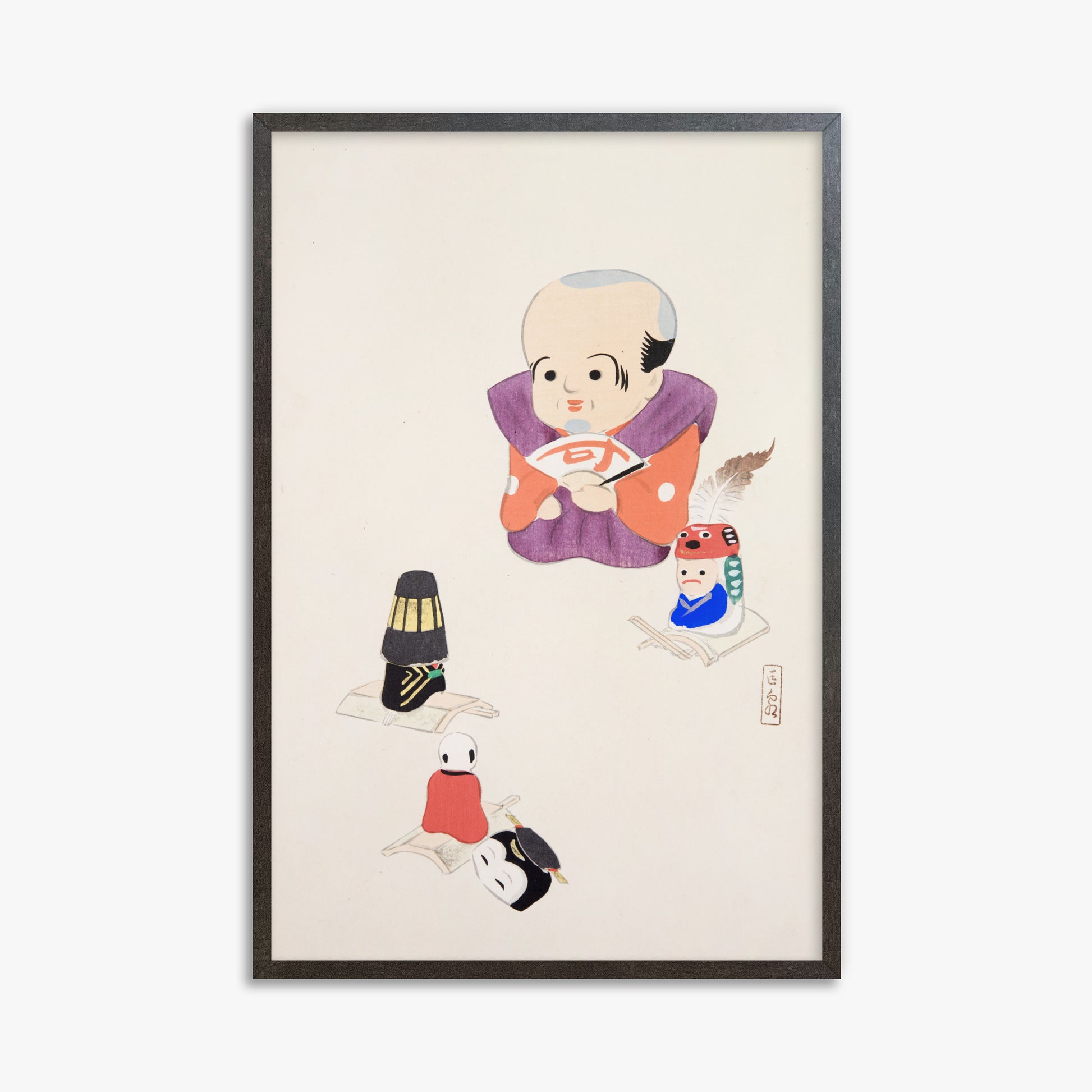 Kawasaki Kyosen: Kyosen’s Collected Illustrations of Japanese Toys Nr. 78 ("Traditional Oriental Toys"), 61x91cm Framed Art Reproduction With Espresso Frame