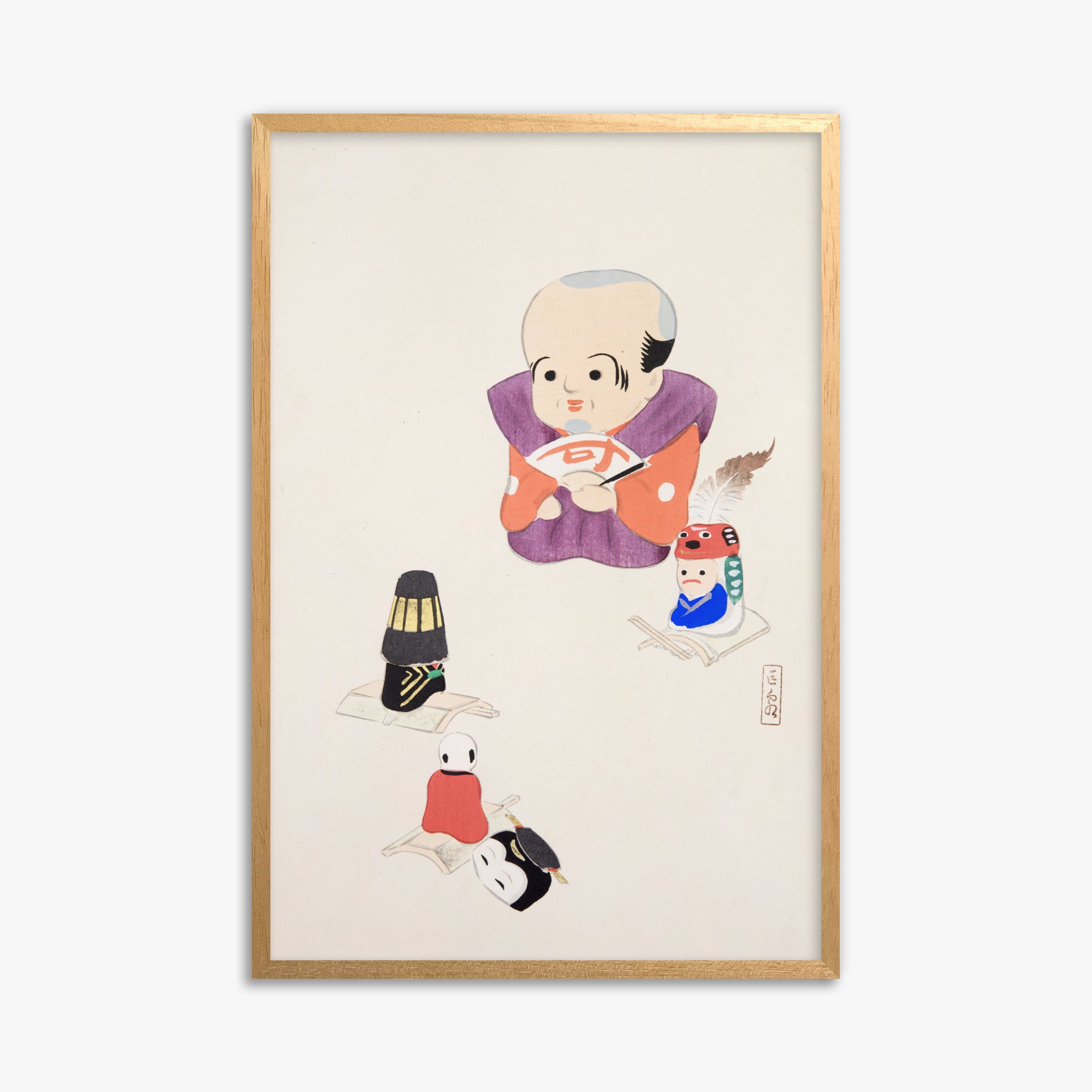 Kawasaki Kyosen: Kyosen’s Collected Illustrations of Japanese Toys Nr. 78 ("Traditional Oriental Toys"), 61x91cm Framed Art Reproduction With Oak Frame