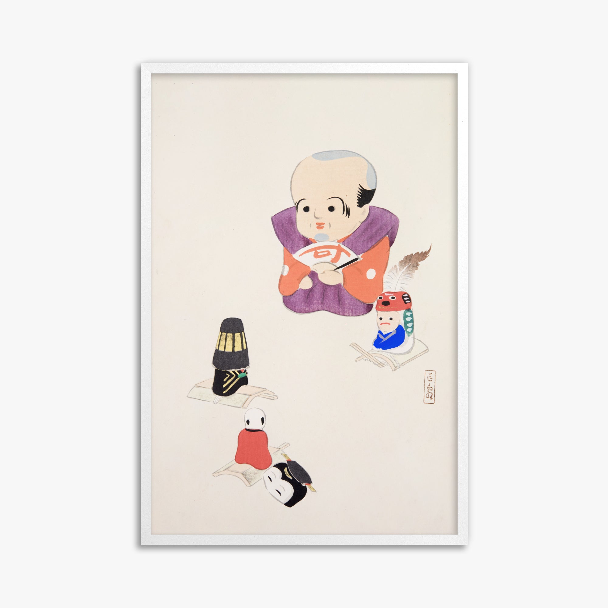 Kawasaki Kyosen: Kyosen’s Collected Illustrations of Japanese Toys Nr. 78 ("Traditional Oriental Toys"), 61x91cm Framed Art Reproduction With White Frame