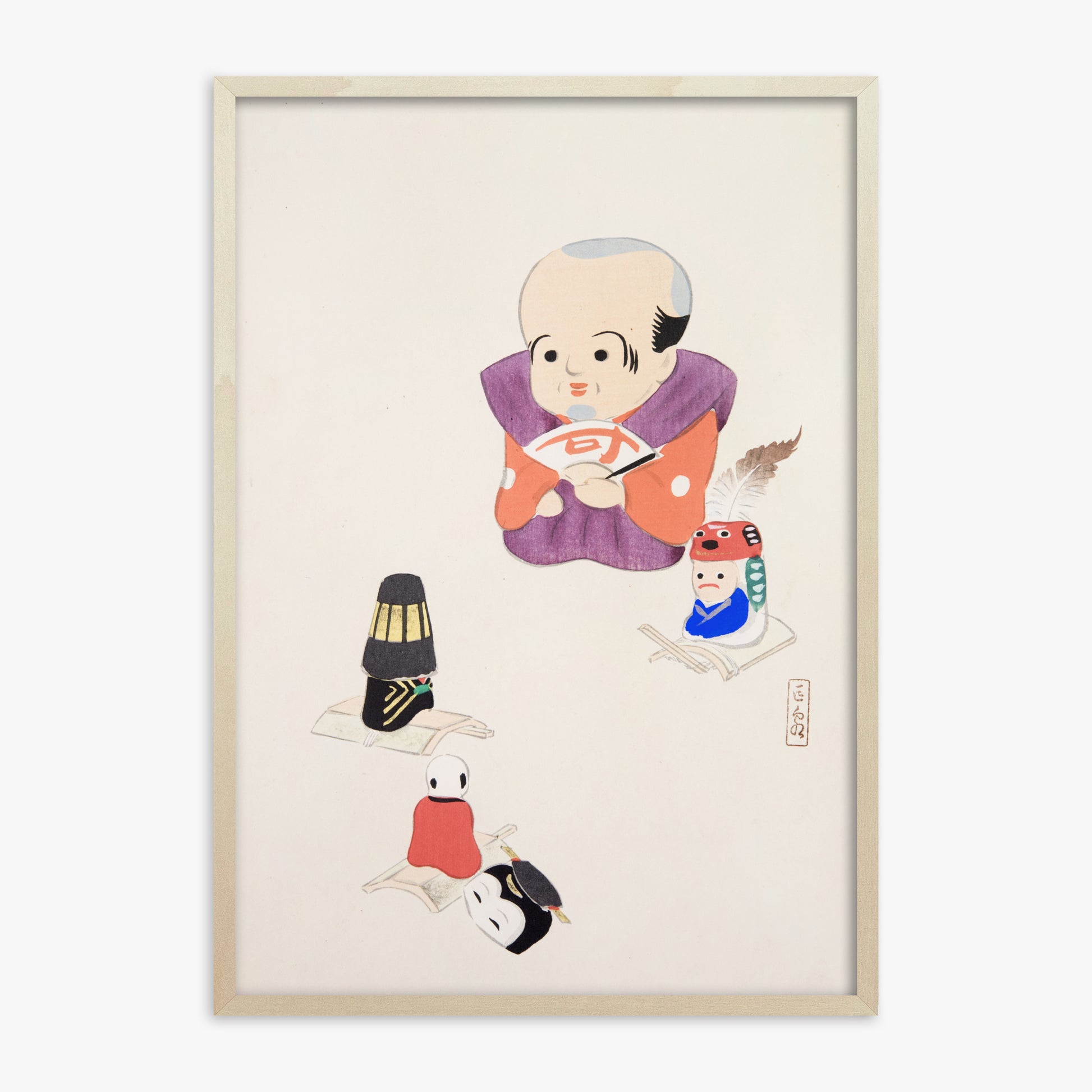 Kawasaki Kyosen: Kyosen’s Collected Illustrations of Japanese Toys Nr. 78 ("Traditional Oriental Toys"), 70x100cm Framed Art Reproduction With Lime Wood Frame