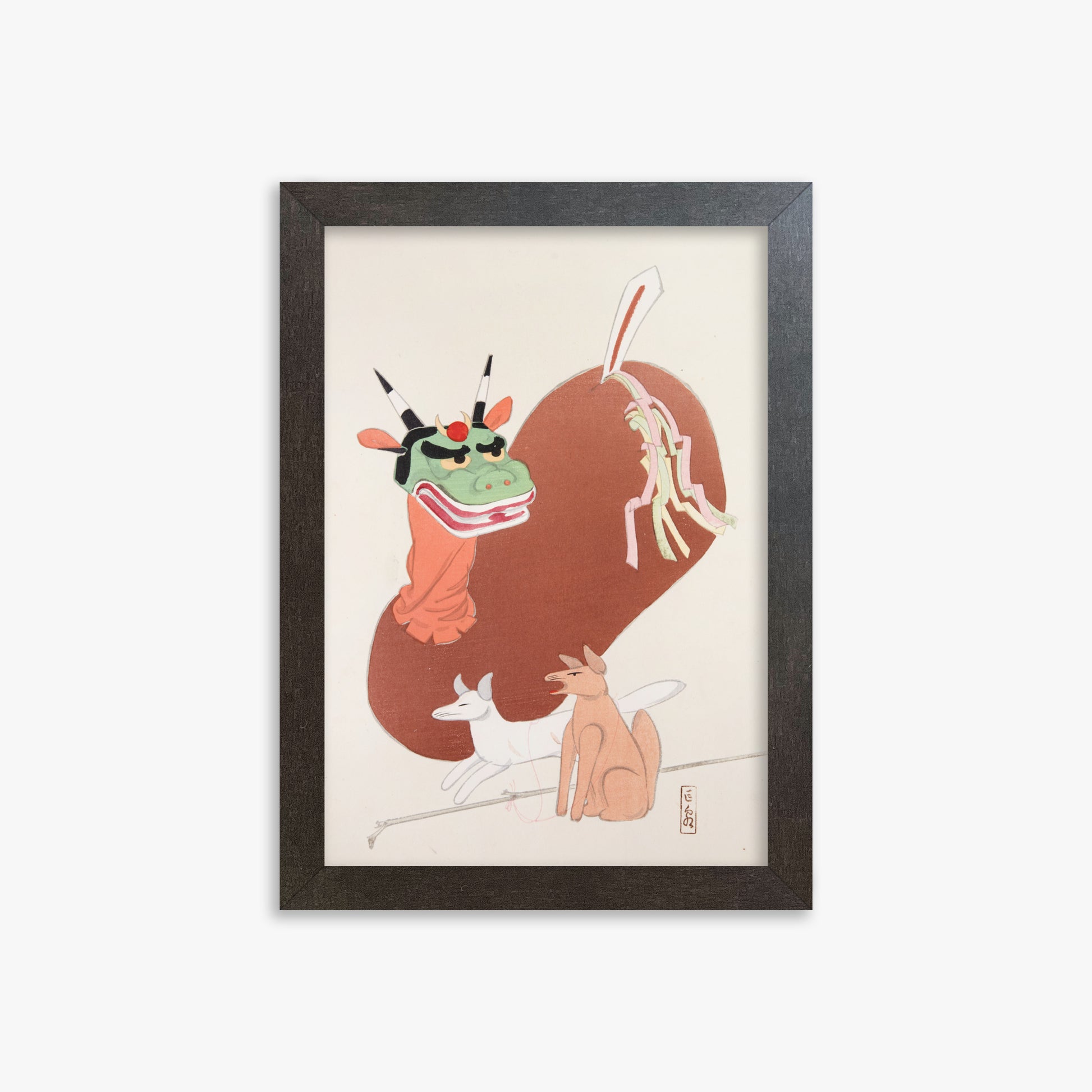 Kawasaki Kyosen: Kyosen’s Collected Illustrations of Japanese Toys Nr. 79 ("Mythical Companions"), 21x30cm Framed Art Reproduction With Espresso Frame