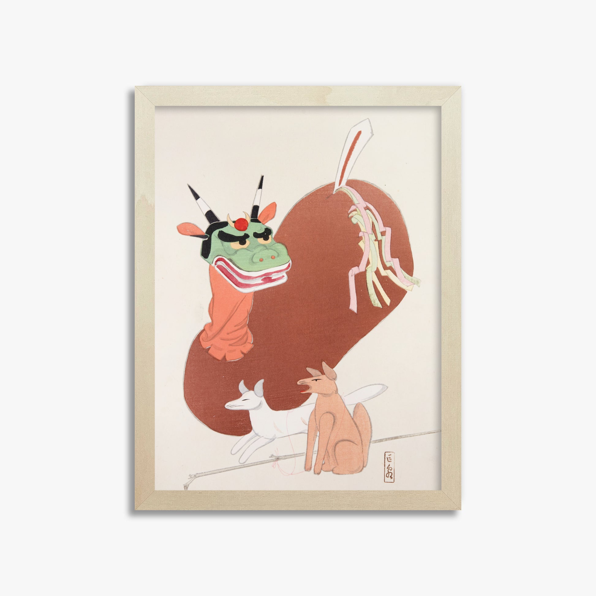 Kawasaki Kyosen: Kyosen’s Collected Illustrations of Japanese Toys Nr. 79 ("Mythical Companions"), 30x40cm Framed Art Reproduction With Lime Wood Frame