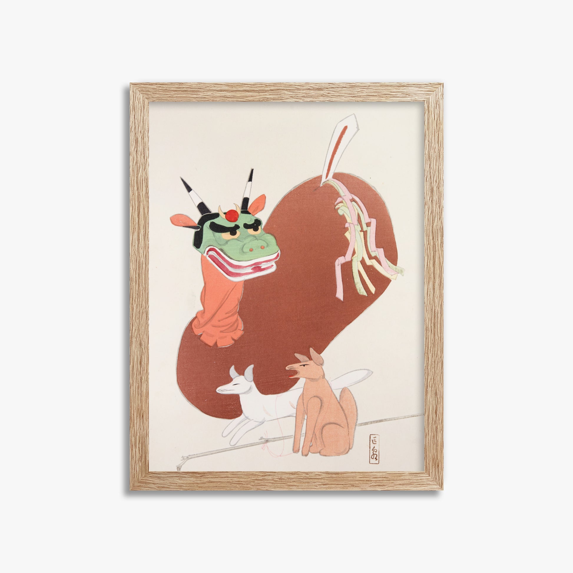 Kawasaki Kyosen: Kyosen’s Collected Illustrations of Japanese Toys Nr. 79 ("Mythical Companions"), 30x40cm Framed Art Reproduction With Raw Oak Frame