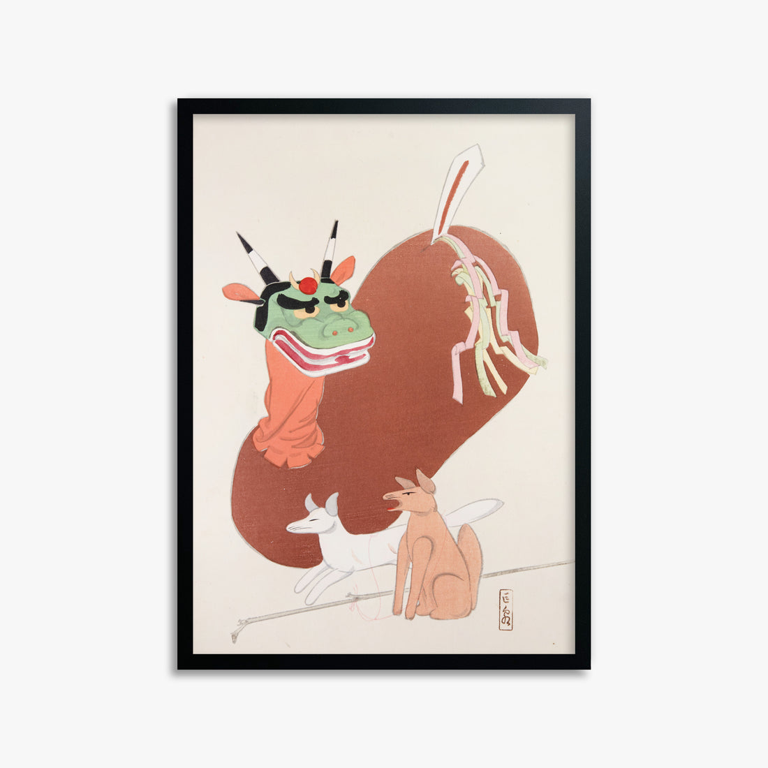 Kawasaki Kyosen: Kyosen’s Collected Illustrations of Japanese Toys Nr. 79 ("Mythical Companions"), 50x70cm Framed Art Reproduction With Black Frame