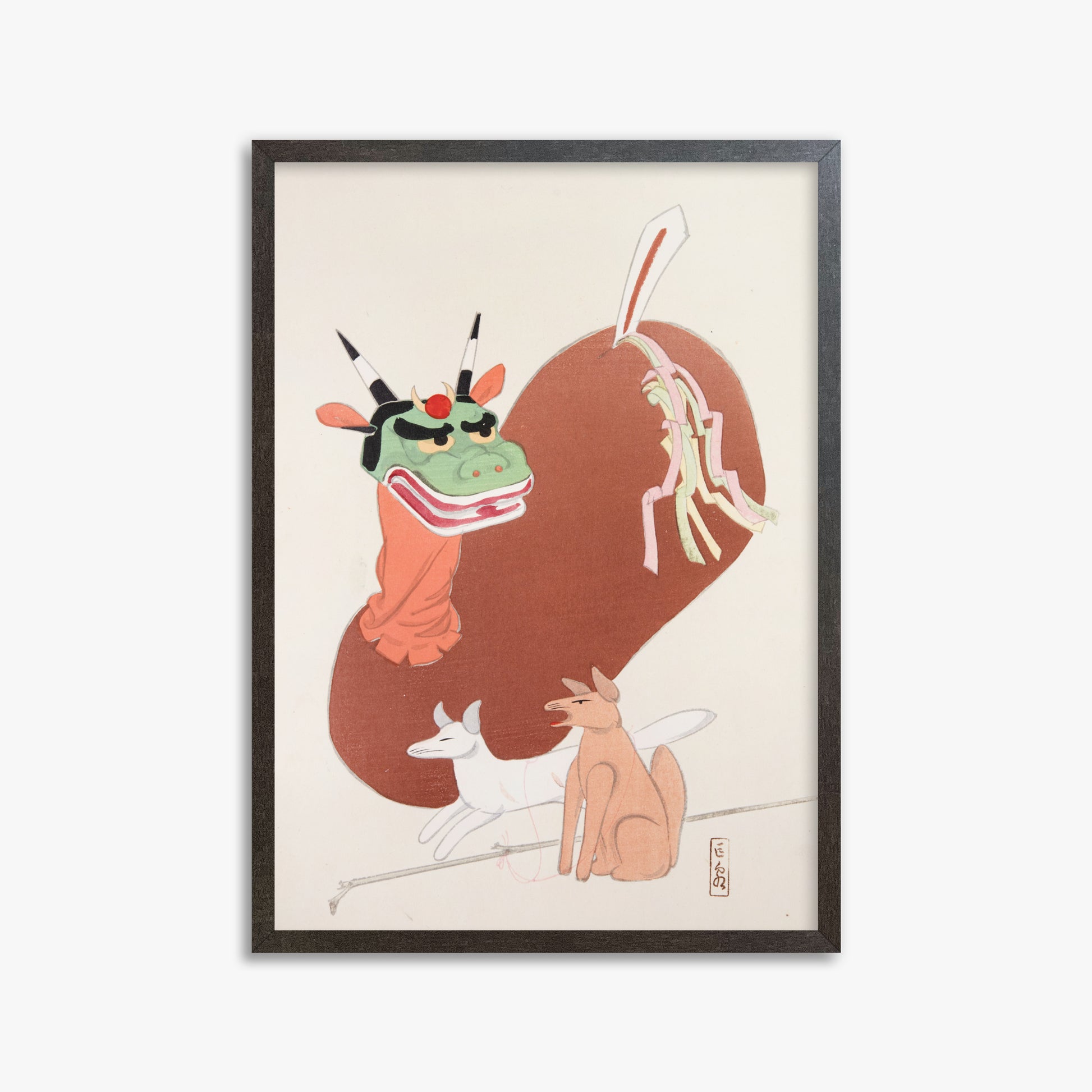 Kawasaki Kyosen: Kyosen’s Collected Illustrations of Japanese Toys Nr. 79 ("Mythical Companions"), 50x70cm Framed Art Reproduction With Espresso Frame