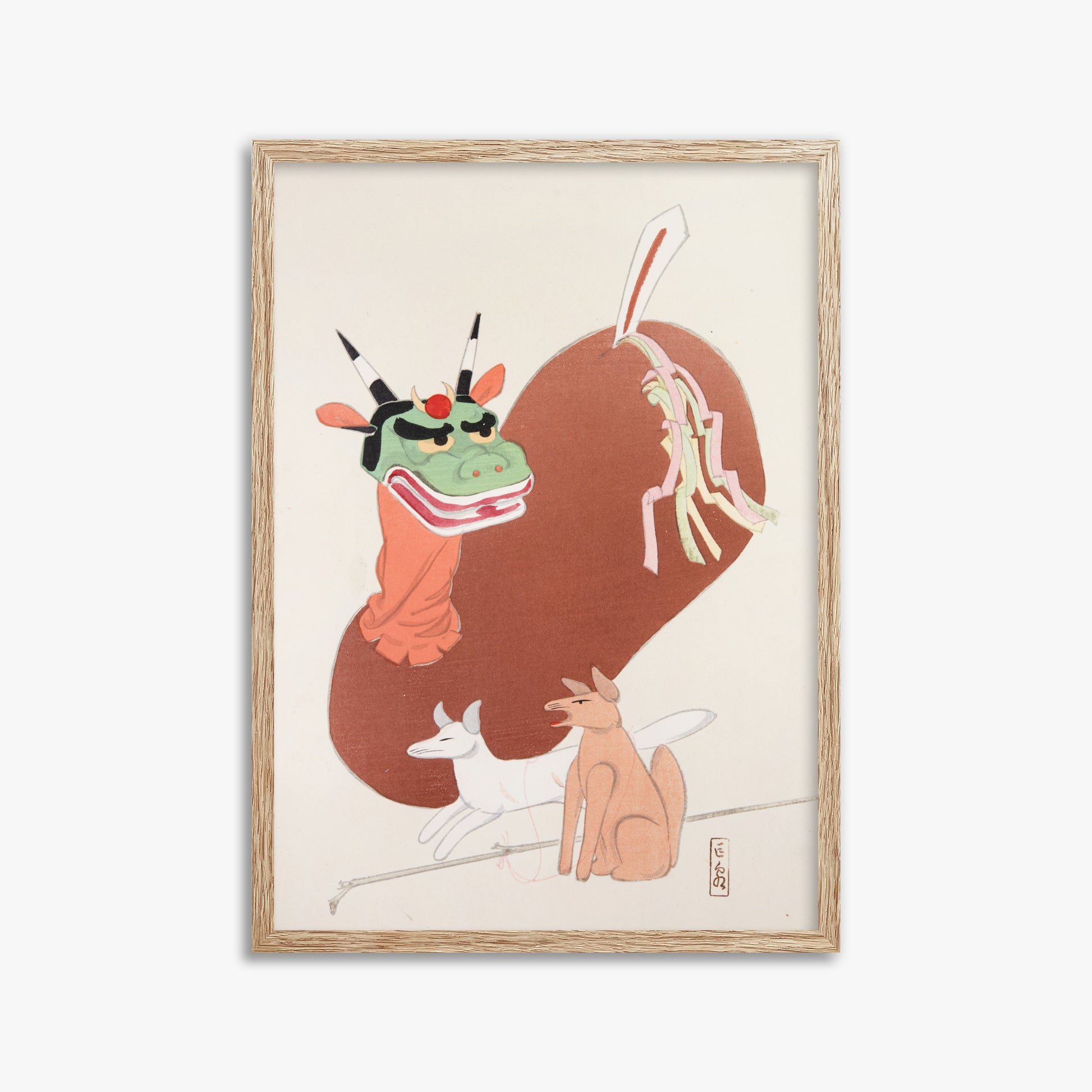 Kawasaki Kyosen: Kyosen’s Collected Illustrations of Japanese Toys Nr. 79 ("Mythical Companions"), 50x70cm Framed Art Reproduction With Raw Oak Frame