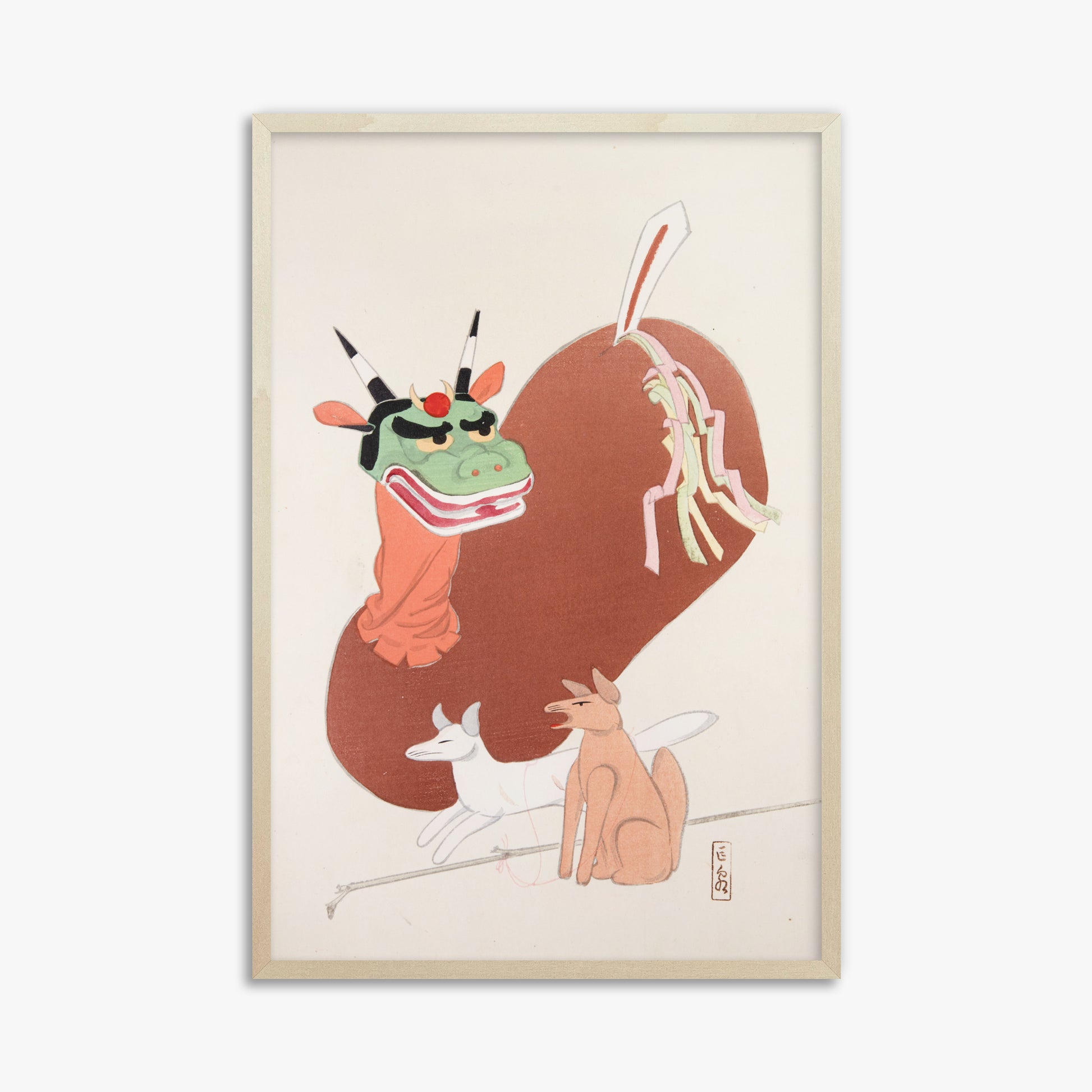 Kawasaki Kyosen: Kyosen’s Collected Illustrations of Japanese Toys Nr. 79 ("Mythical Companions"), 61x91cm Framed Art Reproduction With Lime Wood Frame