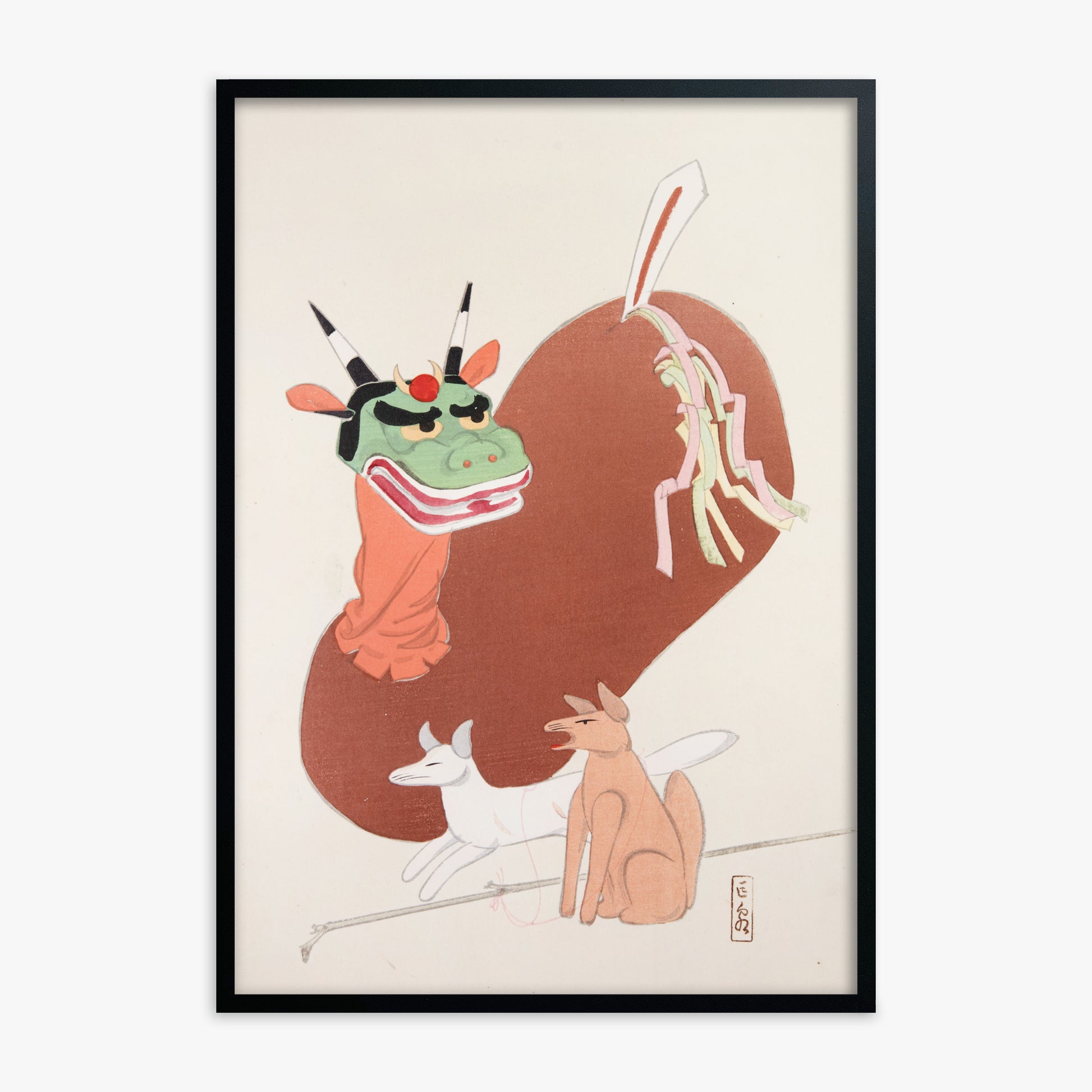 Kawasaki Kyosen: Kyosen’s Collected Illustrations of Japanese Toys Nr. 79 ("Mythical Companions"), Black Framed Art Reproduction With Black Frame