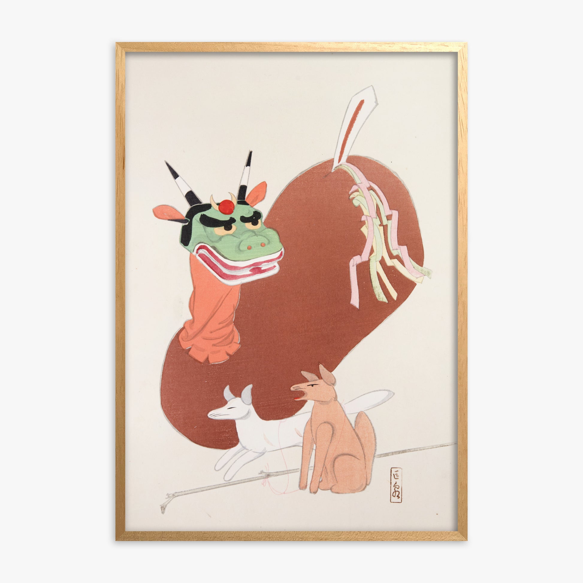 Kawasaki Kyosen: Kyosen’s Collected Illustrations of Japanese Toys Nr. 79 ("Mythical Companions"), Oak Framed Art Reproduction With Oak Frame