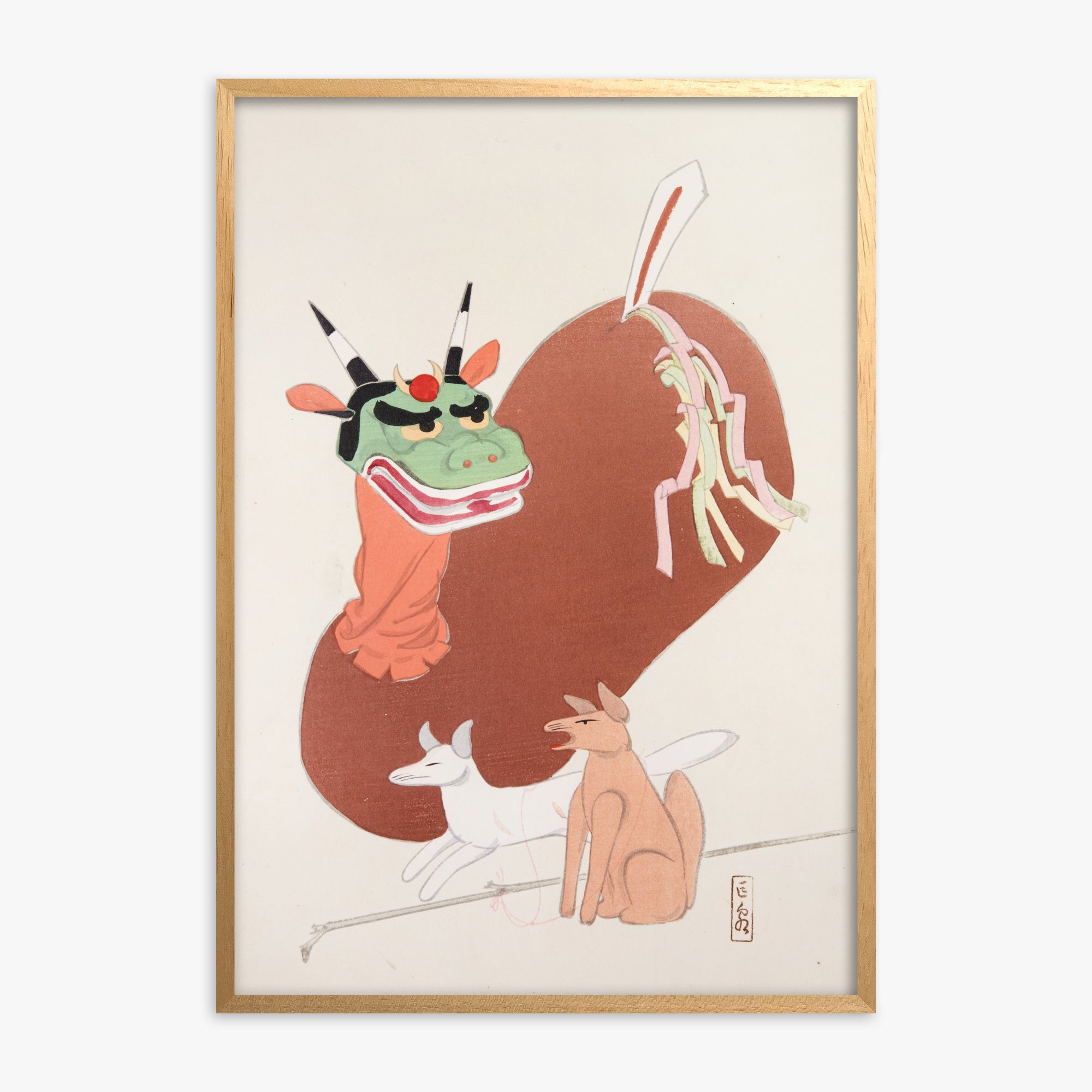 Kawasaki Kyosen: Kyosen’s Collected Illustrations of Japanese Toys Nr. 79 ("Mythical Companions"), Oak Framed Art Reproduction With Oak Frame