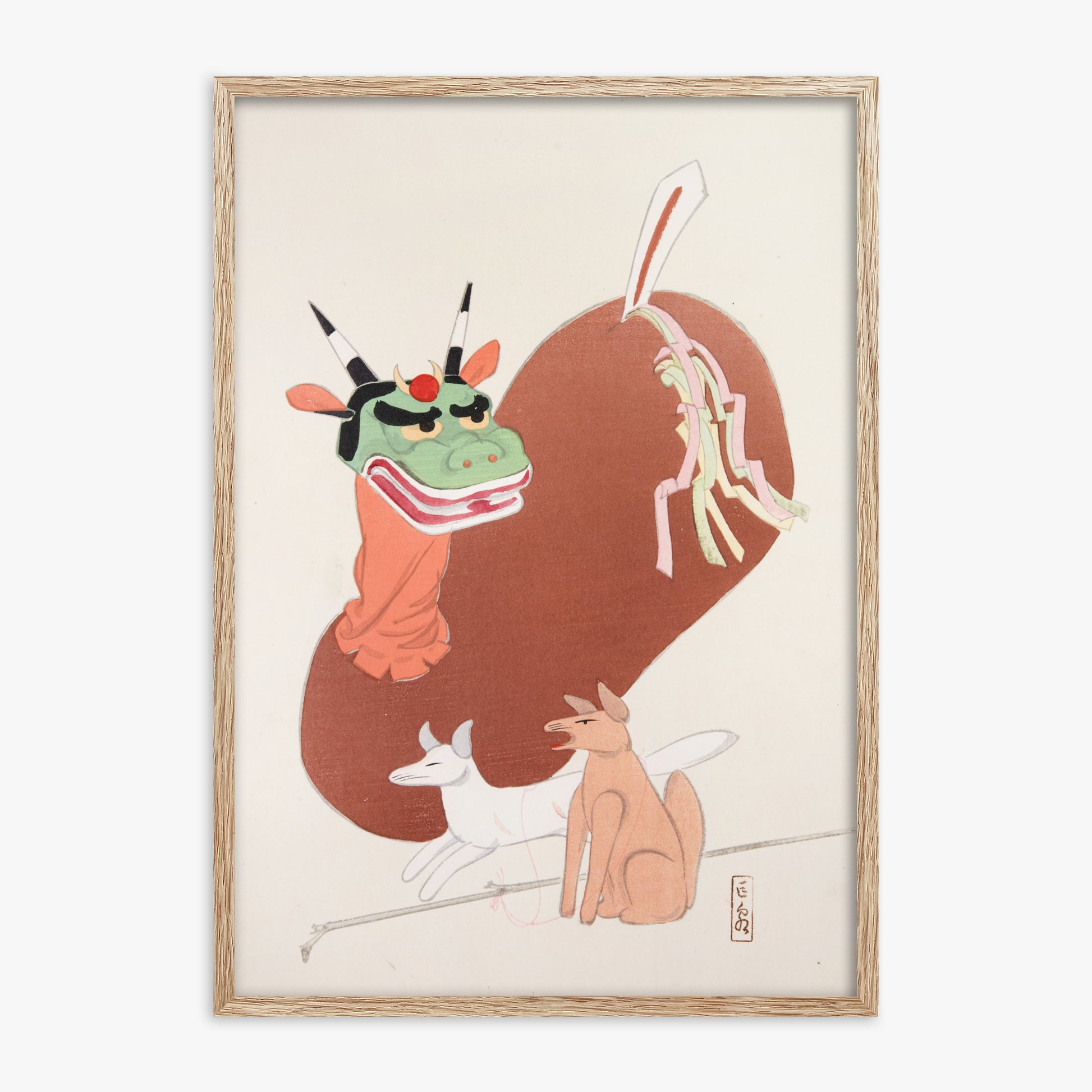 Kawasaki Kyosen: Kyosen’s Collected Illustrations of Japanese Toys Nr. 79 ("Mythical Companions"), 70x100cm Framed Art Reproduction With Raw Oak Frame