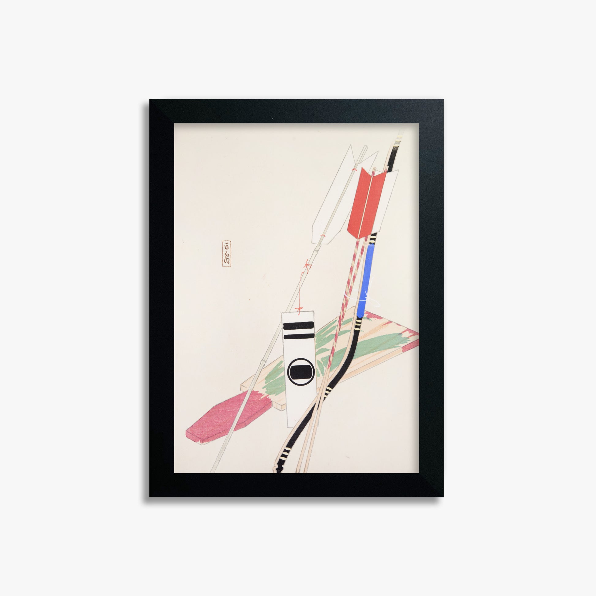 Kawasaki Kyosen: Kyosen’s Collected Illustrations of Japanese Toys Nr. 80 ("Traditional Bow Game"), 21x30cm Framed Art Reproduction With Black Frame