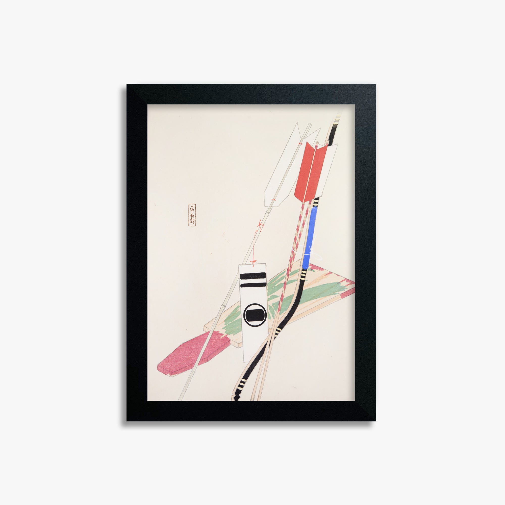 Kawasaki Kyosen: Kyosen’s Collected Illustrations of Japanese Toys Nr. 80 ("Traditional Bow Game"), 21x30cm Framed Art Reproduction With Black Frame