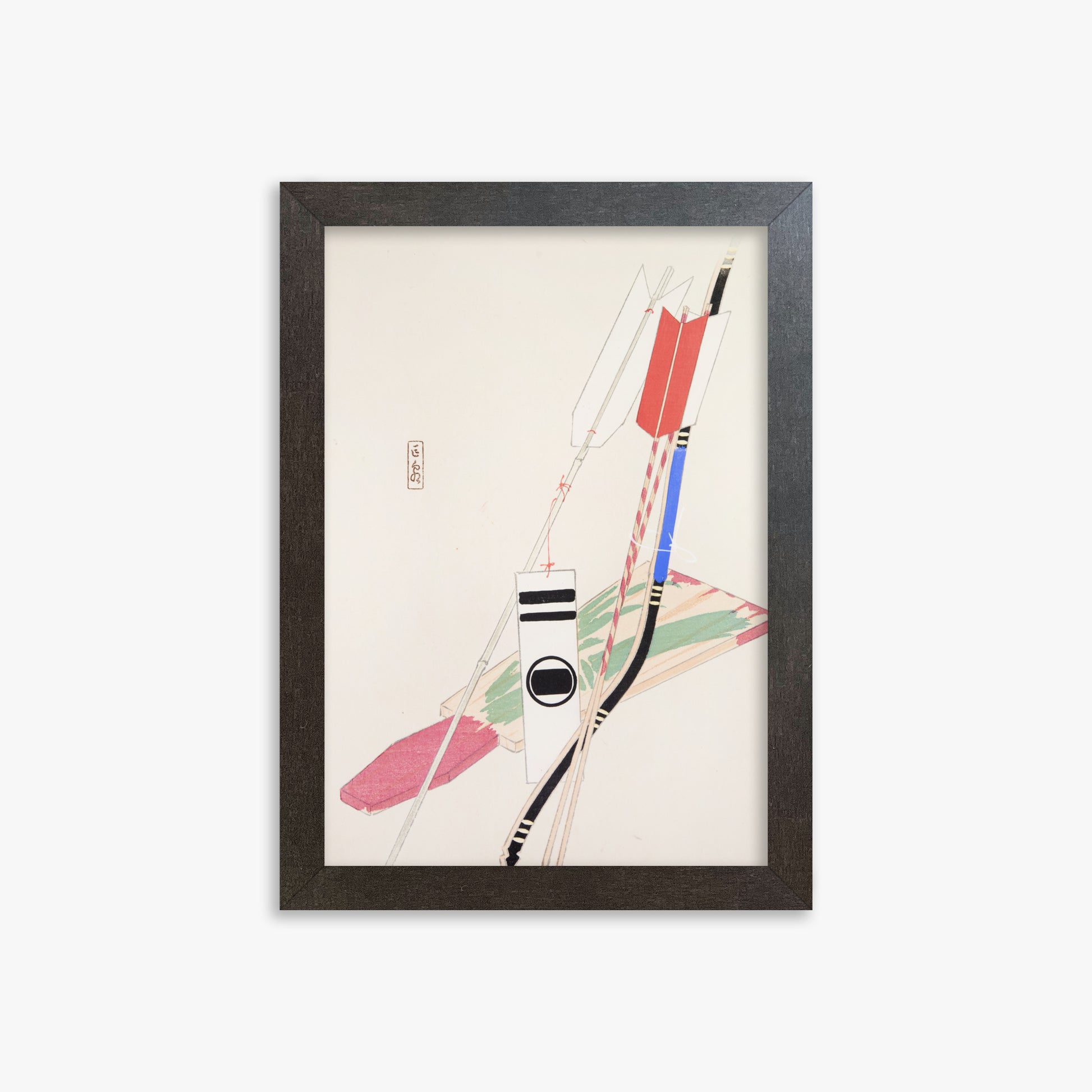 Kawasaki Kyosen: Kyosen’s Collected Illustrations of Japanese Toys Nr. 80 ("Traditional Bow Game"), 21x30cm Framed Art Reproduction With Espresso Frame