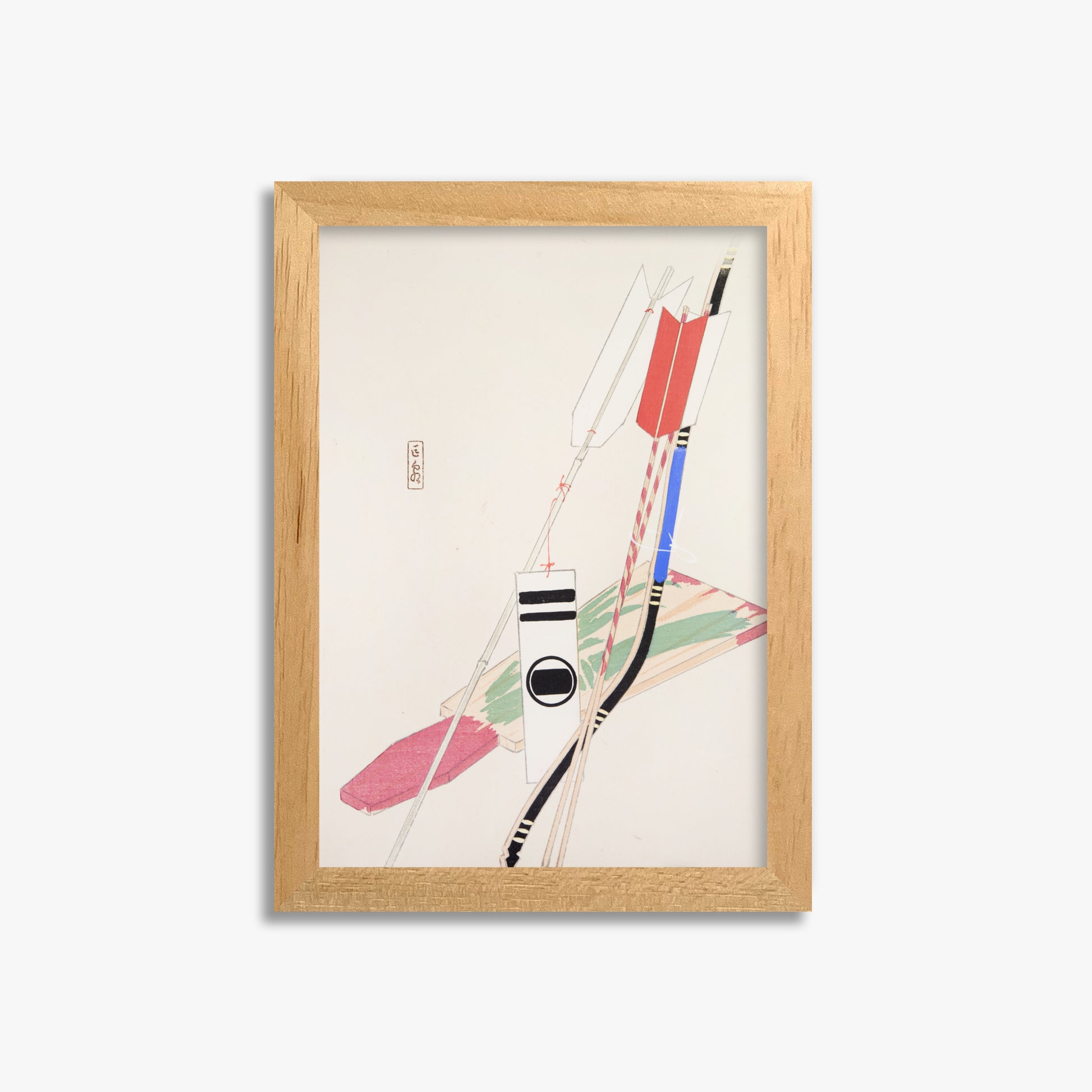 Kawasaki Kyosen: Kyosen’s Collected Illustrations of Japanese Toys Nr. 80 ("Traditional Bow Game"), 21x30cm Framed Art Reproduction With Oak Frame