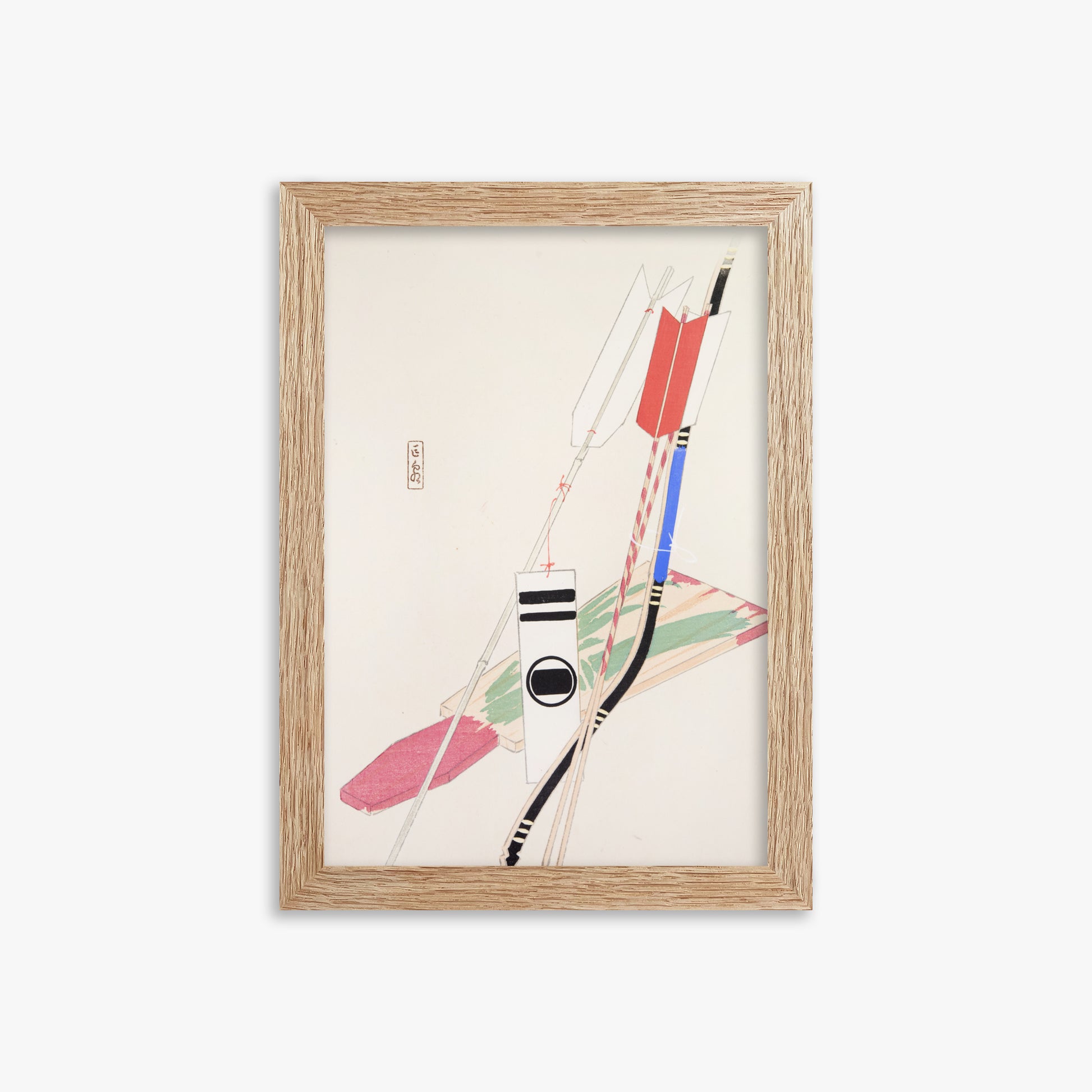 Kawasaki Kyosen: Kyosen’s Collected Illustrations of Japanese Toys Nr. 80 ("Traditional Bow Game"), 21x30cm Framed Art Reproduction With Raw Oak Frame