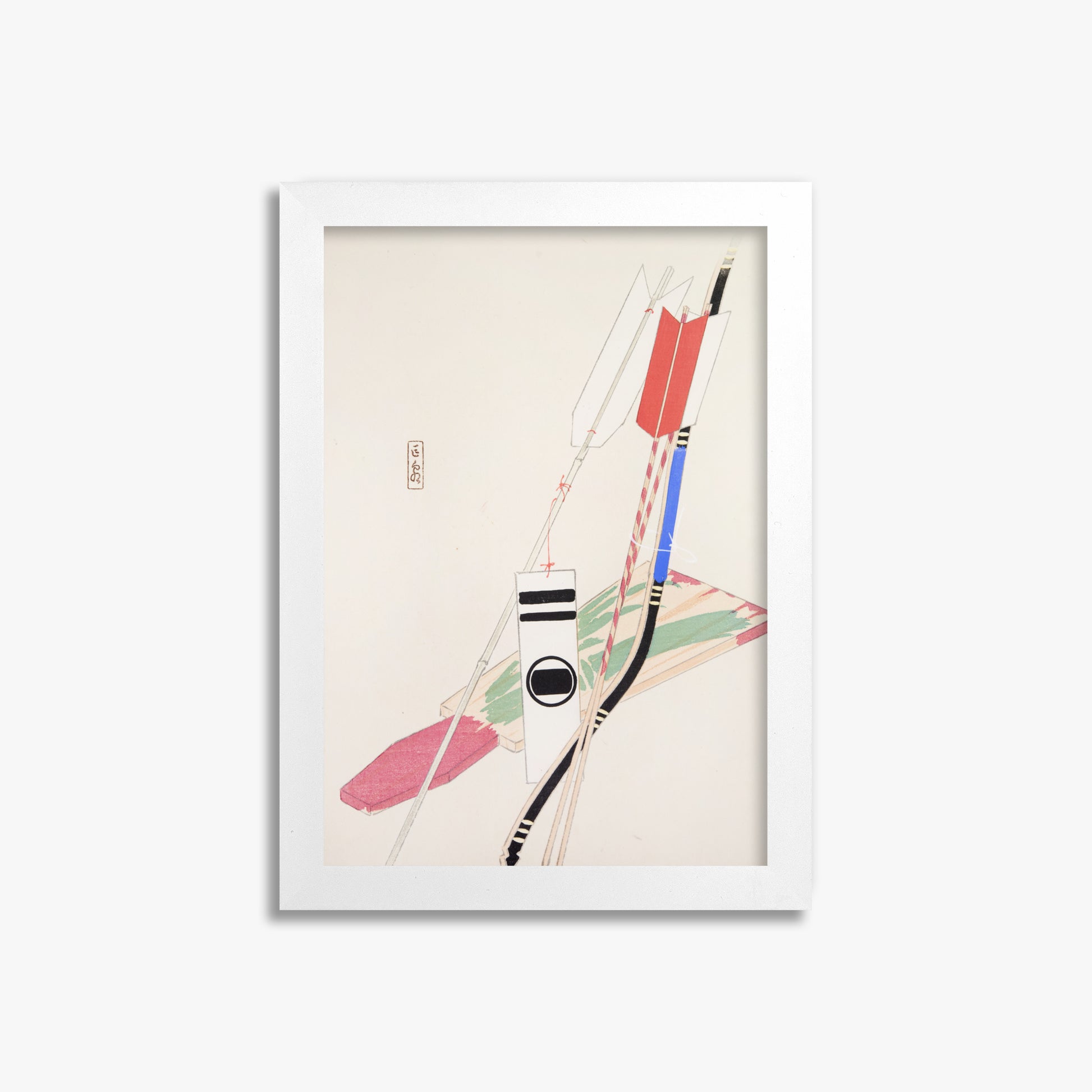 Kawasaki Kyosen: Kyosen’s Collected Illustrations of Japanese Toys Nr. 80 ("Traditional Bow Game"), 21x30cm Framed Art Reproduction With White Frame