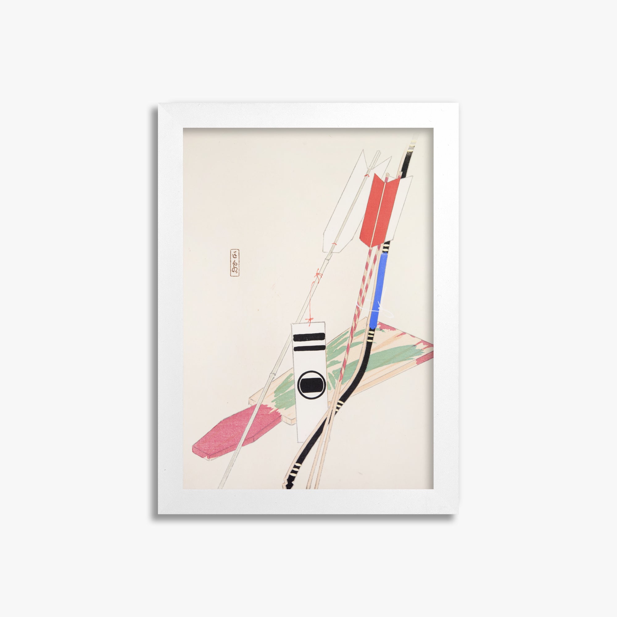 Kawasaki Kyosen: Kyosen’s Collected Illustrations of Japanese Toys Nr. 80 ("Traditional Bow Game"), 21x30cm Framed Art Reproduction With White Frame