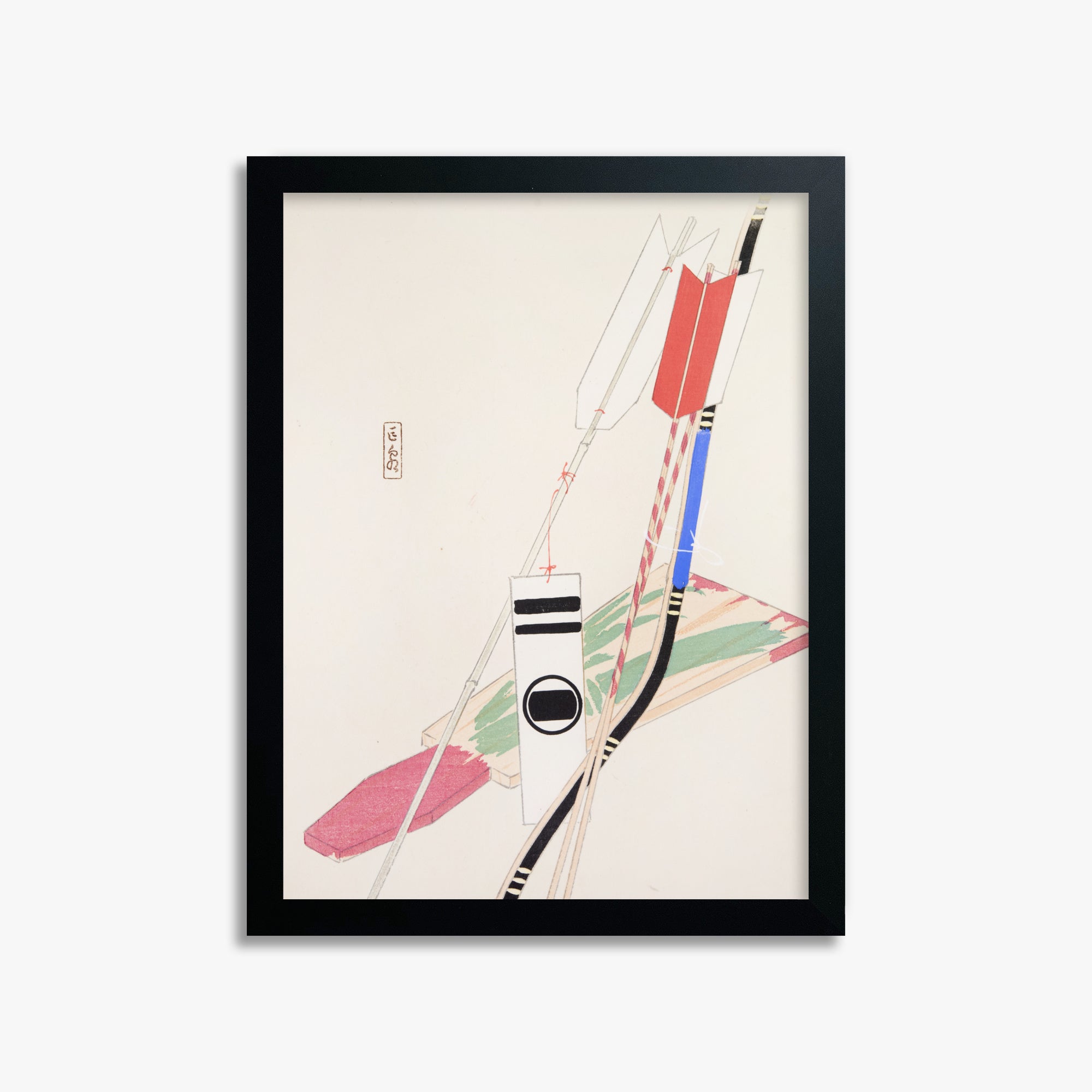 Kawasaki Kyosen: Kyosen’s Collected Illustrations of Japanese Toys Nr. 80 ("Traditional Bow Game"), 30x40cm Framed Art Reproduction With Black Frame