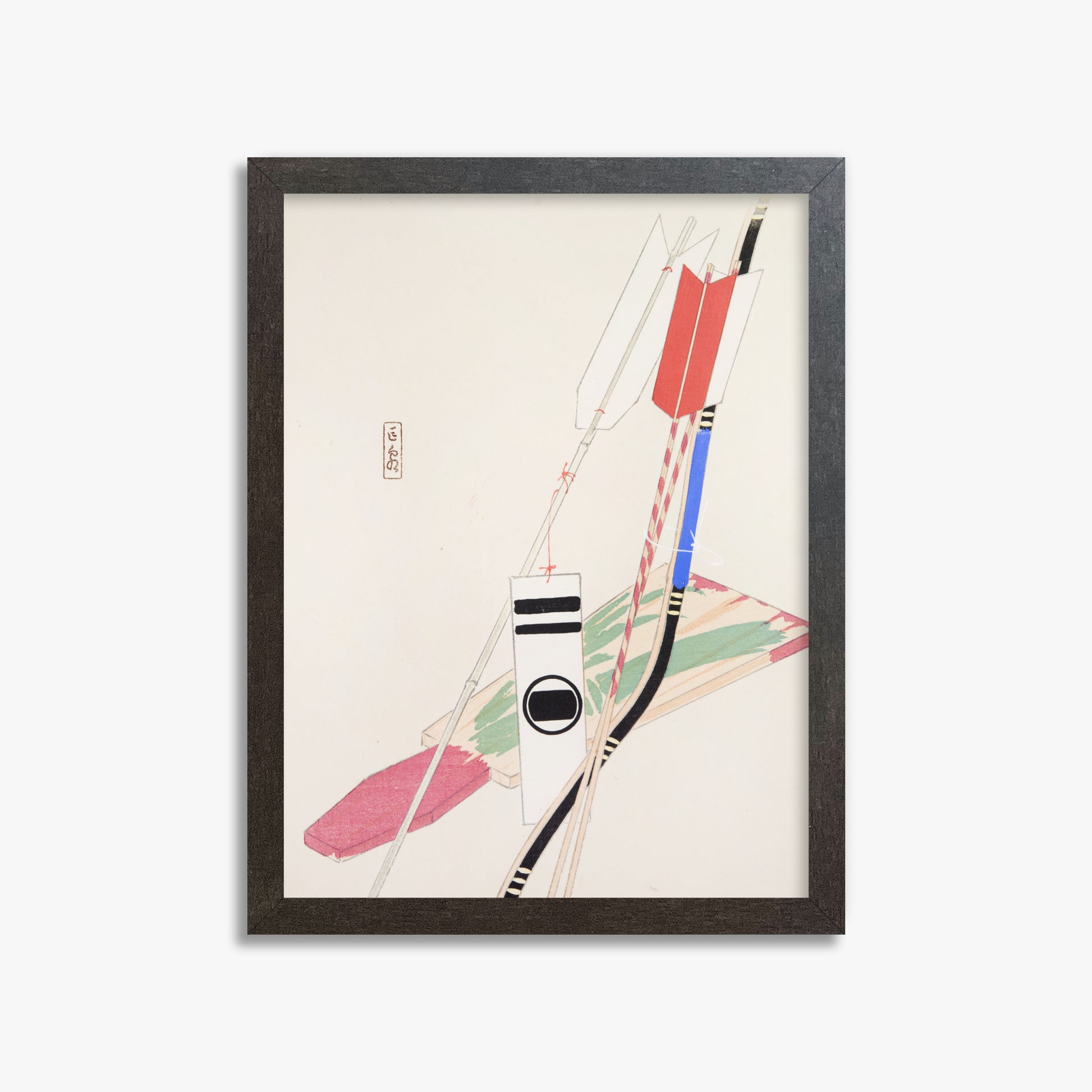 Kawasaki Kyosen: Kyosen’s Collected Illustrations of Japanese Toys Nr. 80 ("Traditional Bow Game"), 30x40cm Framed Art Reproduction With Espresso Frame