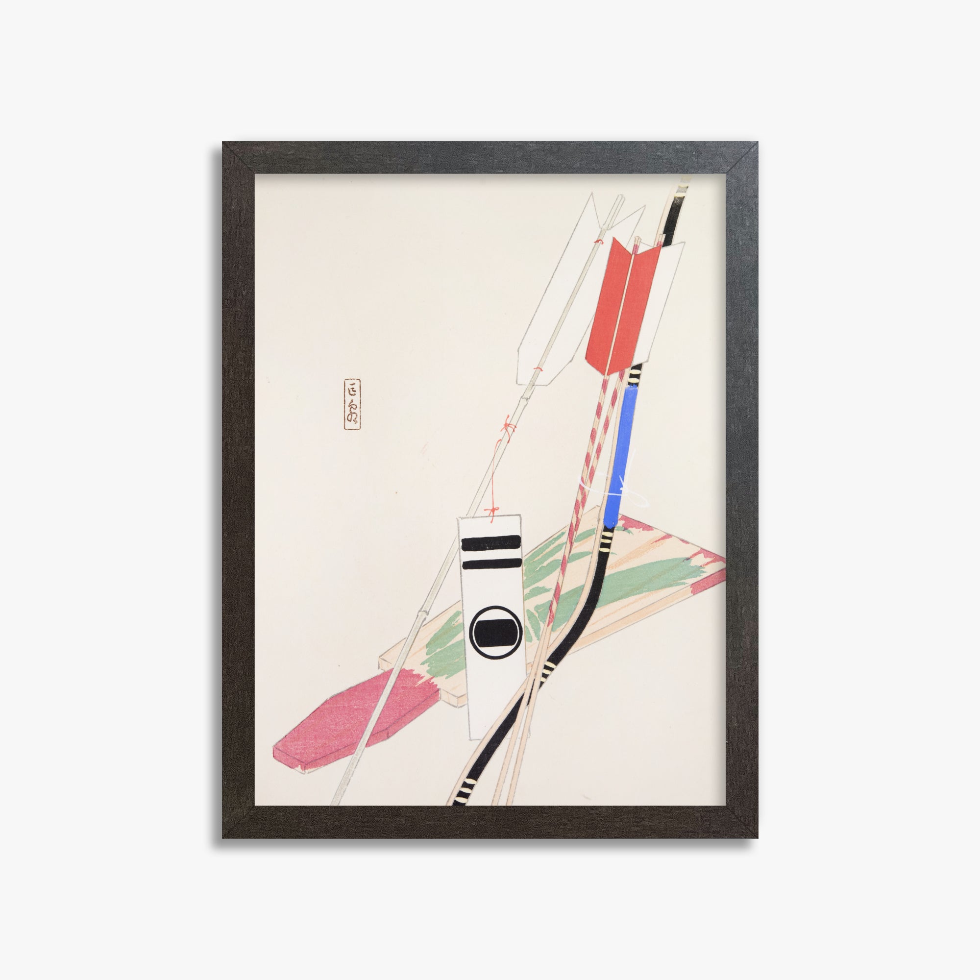 Kawasaki Kyosen: Kyosen’s Collected Illustrations of Japanese Toys Nr. 80 ("Traditional Bow Game"), 30x40cm Framed Art Reproduction With Espresso Frame