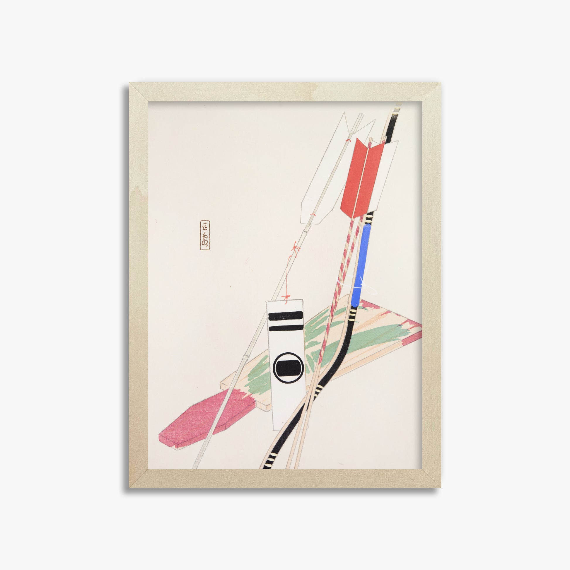 Kawasaki Kyosen: Kyosen’s Collected Illustrations of Japanese Toys Nr. 80 ("Traditional Bow Game"), 30x40cm Framed Art Reproduction With Lime Wood Frame