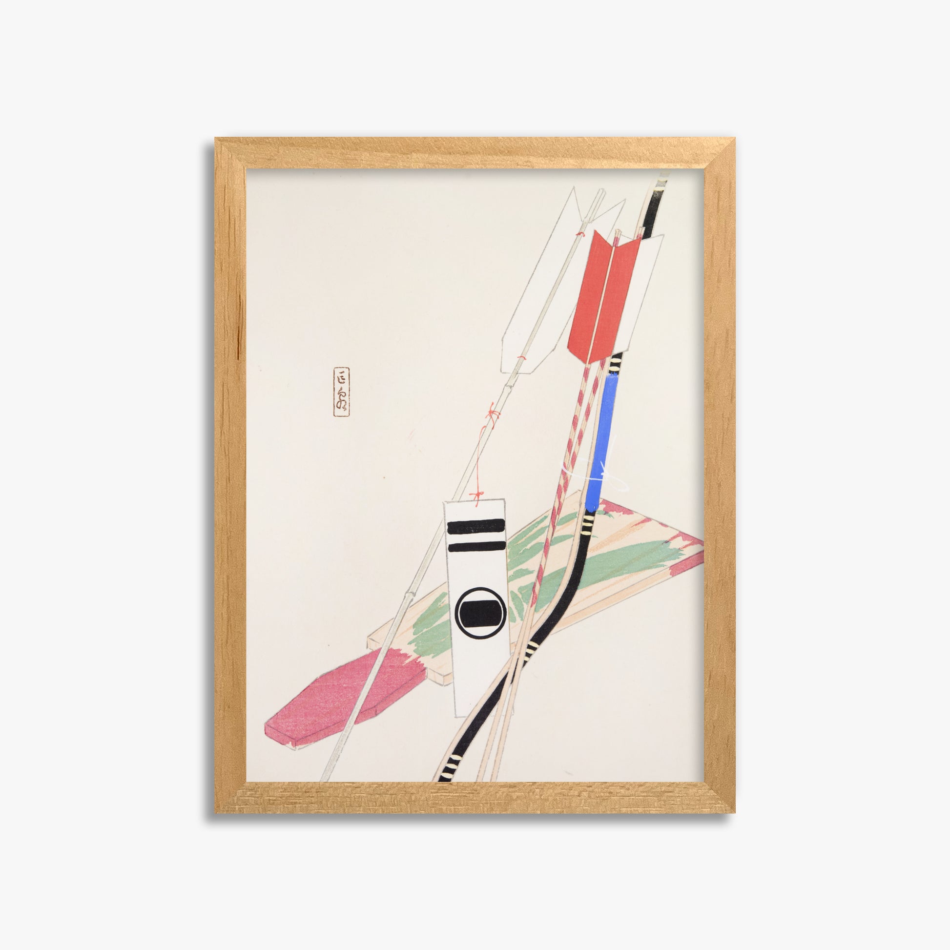 Kawasaki Kyosen: Kyosen’s Collected Illustrations of Japanese Toys Nr. 80 ("Traditional Bow Game"), 30x40cm Framed Art Reproduction With Oak Frame