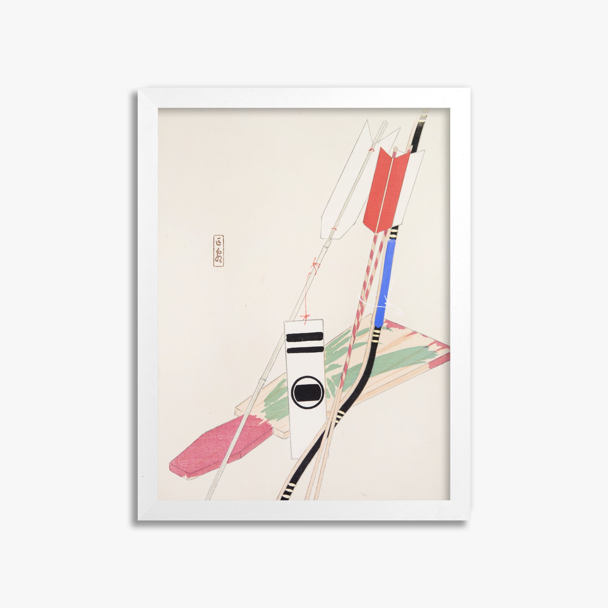Kawasaki Kyosen: Kyosen’s Collected Illustrations of Japanese Toys Nr. 80 ("Traditional Bow Game"), 30x40cm Framed Art Reproduction With White Frame