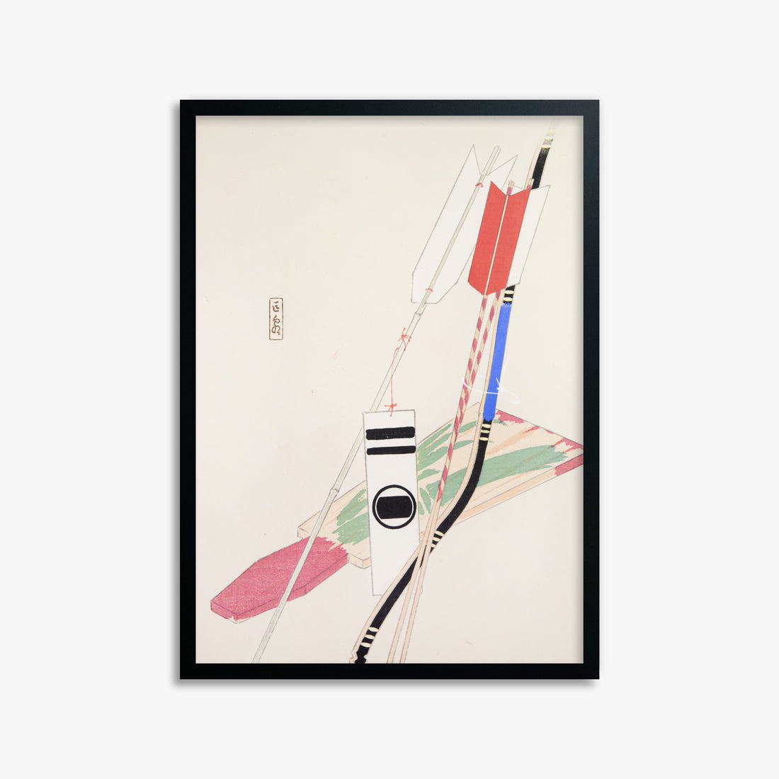 Kawasaki Kyosen: Kyosen’s Collected Illustrations of Japanese Toys Nr. 80 ("Traditional Bow Game"), 50x70cm Framed Art Reproduction With Black Frame