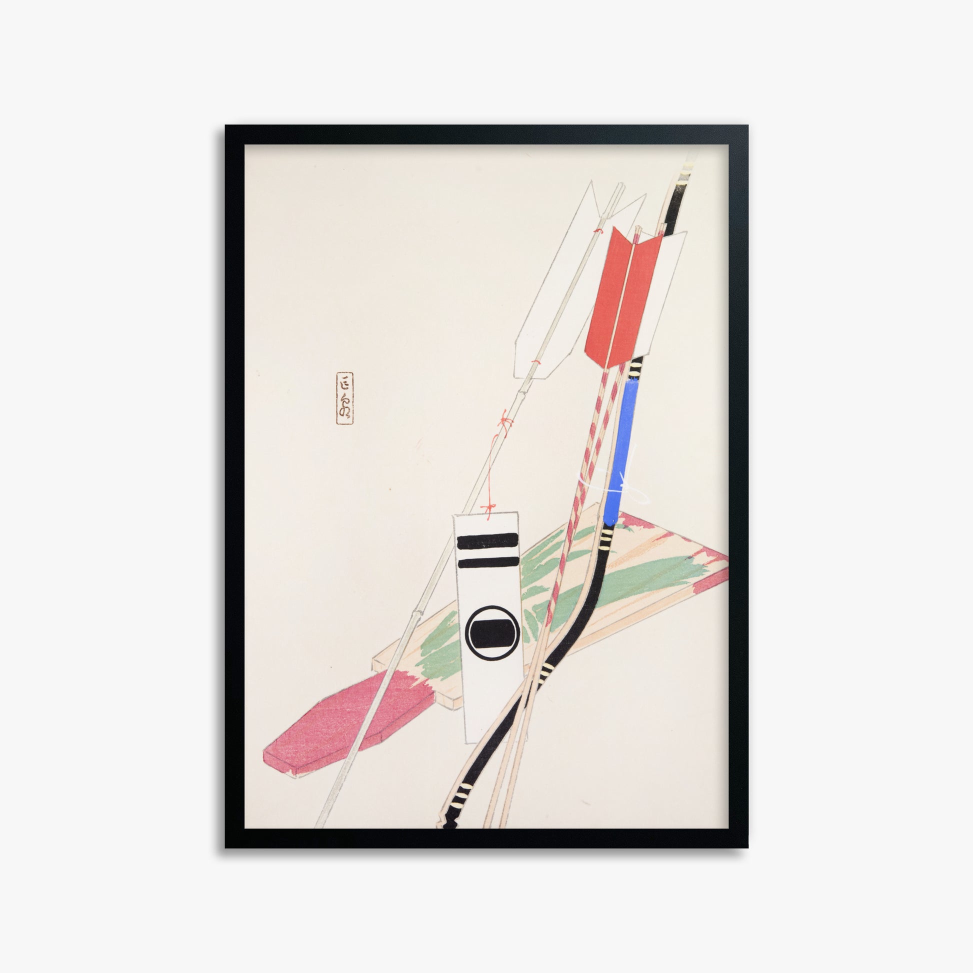 Kawasaki Kyosen: Kyosen’s Collected Illustrations of Japanese Toys Nr. 80 ("Traditional Bow Game"), 50x70cm Framed Art Reproduction With Black Frame