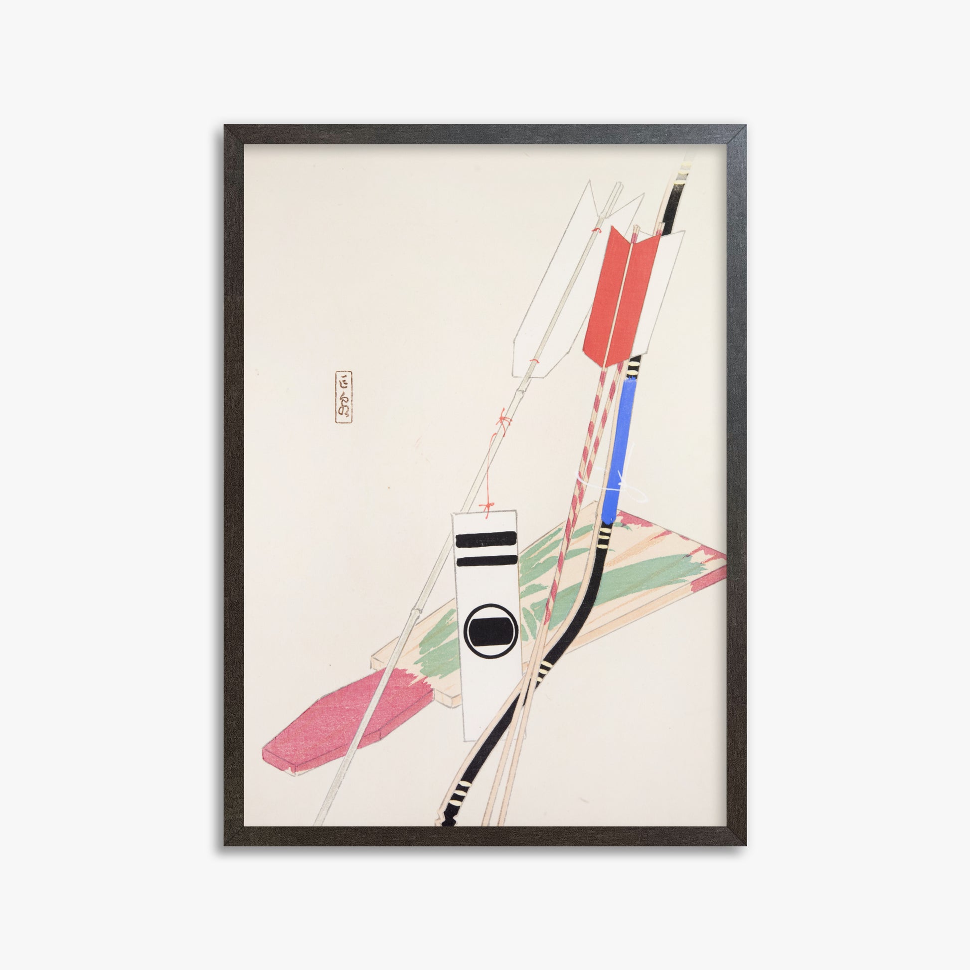 Kawasaki Kyosen: Kyosen’s Collected Illustrations of Japanese Toys Nr. 80 ("Traditional Bow Game"), 50x70cm Framed Art Reproduction With Espresso Frame