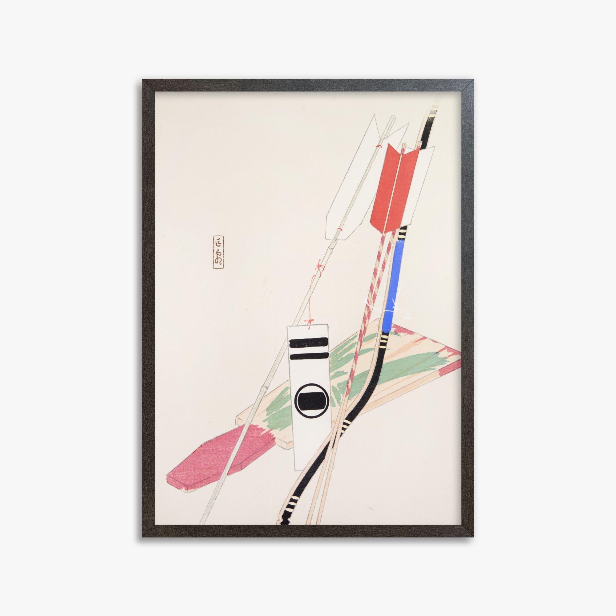 Kawasaki Kyosen: Kyosen’s Collected Illustrations of Japanese Toys Nr. 80 ("Traditional Bow Game"), 50x70cm Framed Art Reproduction With Espresso Frame