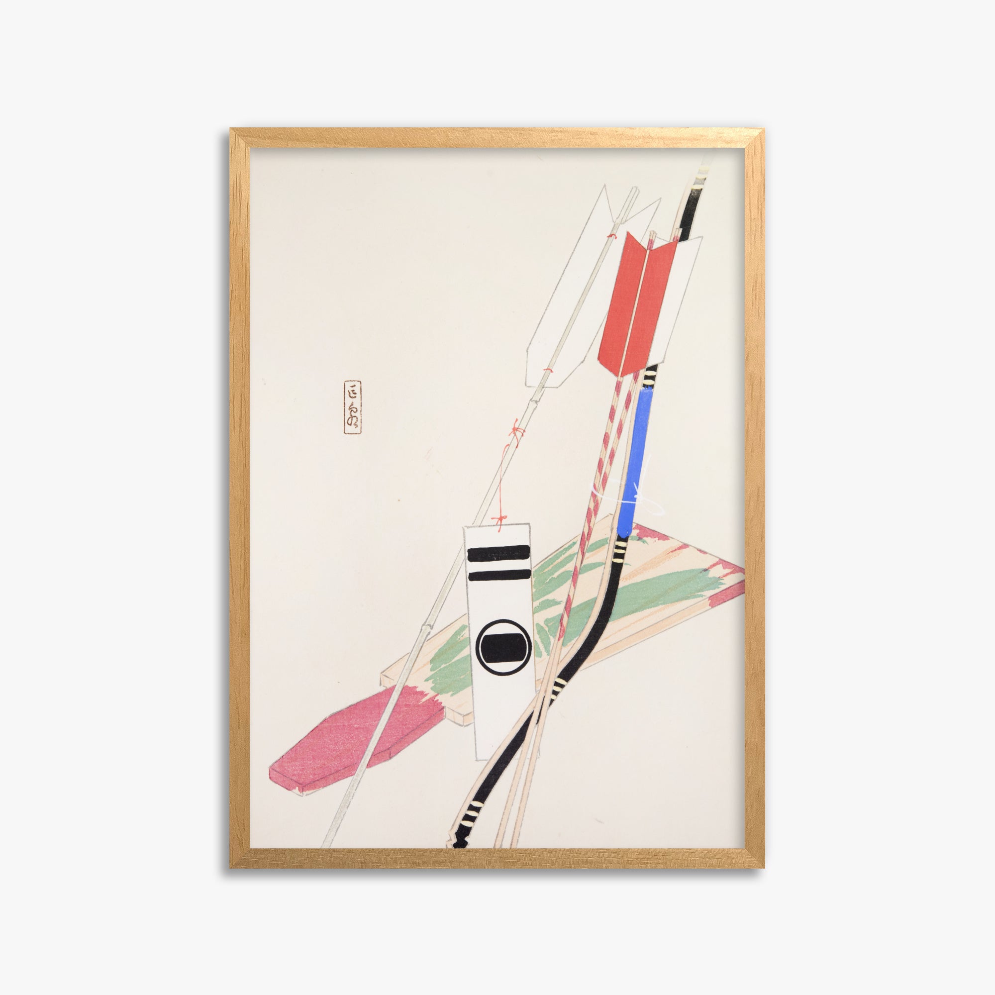 Kawasaki Kyosen: Kyosen’s Collected Illustrations of Japanese Toys Nr. 80 ("Traditional Bow Game"), 50x70cm Framed Art Reproduction With Oak Frame