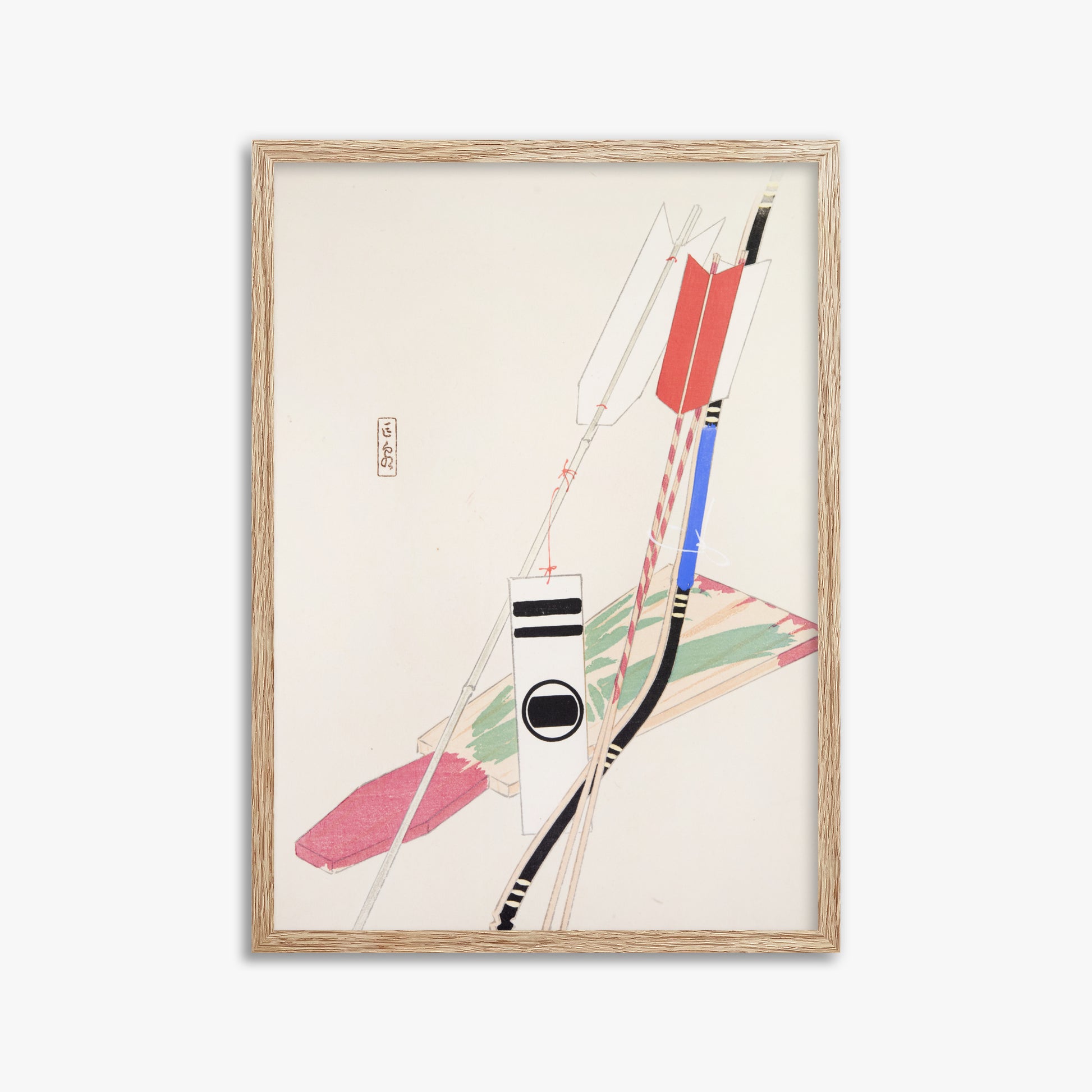 Kawasaki Kyosen: Kyosen’s Collected Illustrations of Japanese Toys Nr. 80 ("Traditional Bow Game"), 50x70cm Framed Art Reproduction With Raw Oak Frame