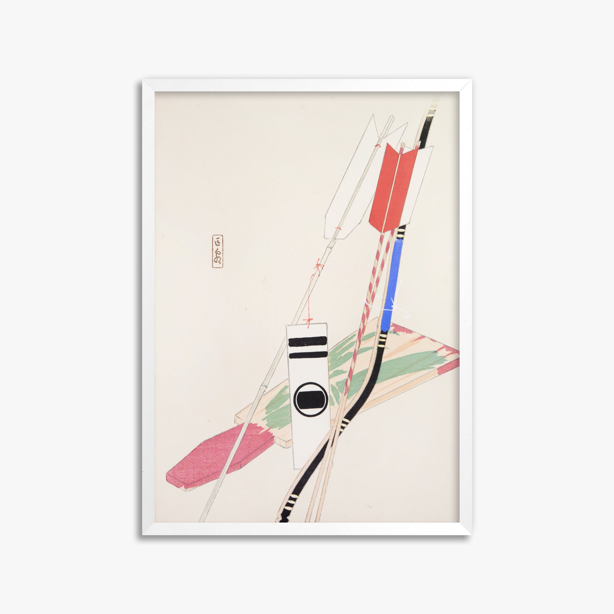 Kawasaki Kyosen: Kyosen’s Collected Illustrations of Japanese Toys Nr. 80 ("Traditional Bow Game"), 50x70cm Framed Art Reproduction With White Frame