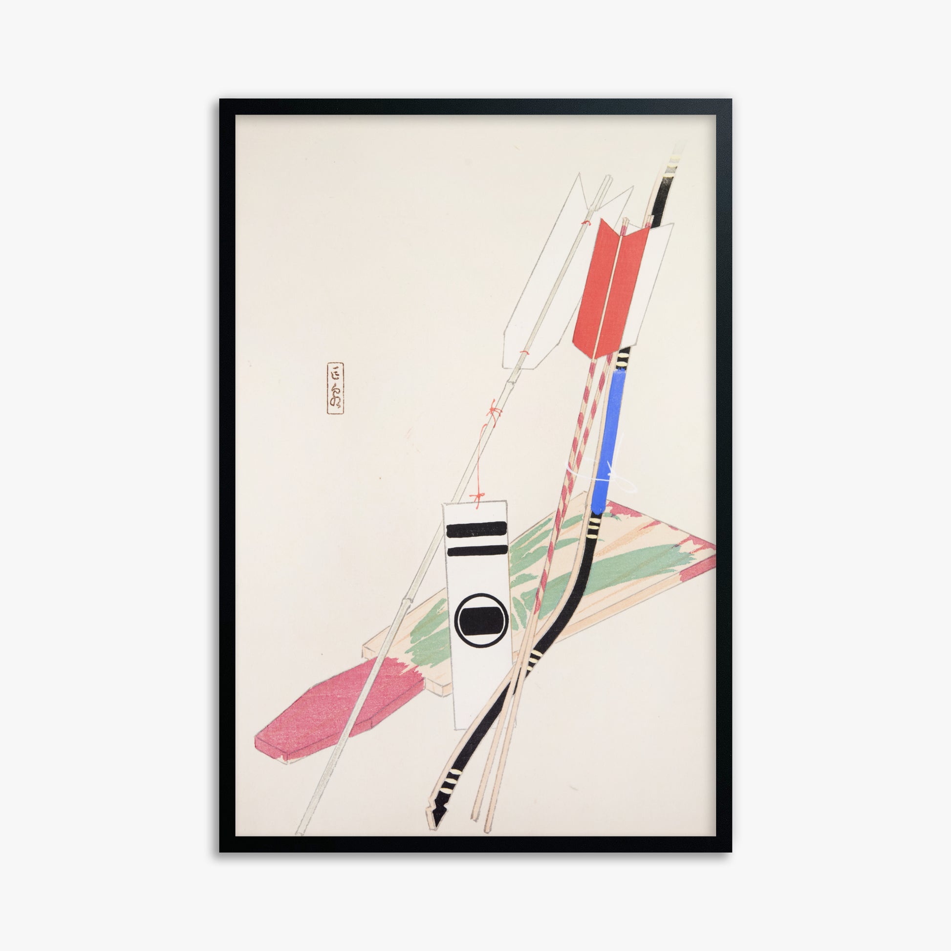 Kawasaki Kyosen: Kyosen’s Collected Illustrations of Japanese Toys Nr. 80 ("Traditional Bow Game"), 61x91cm Framed Art Reproduction With Black Frame