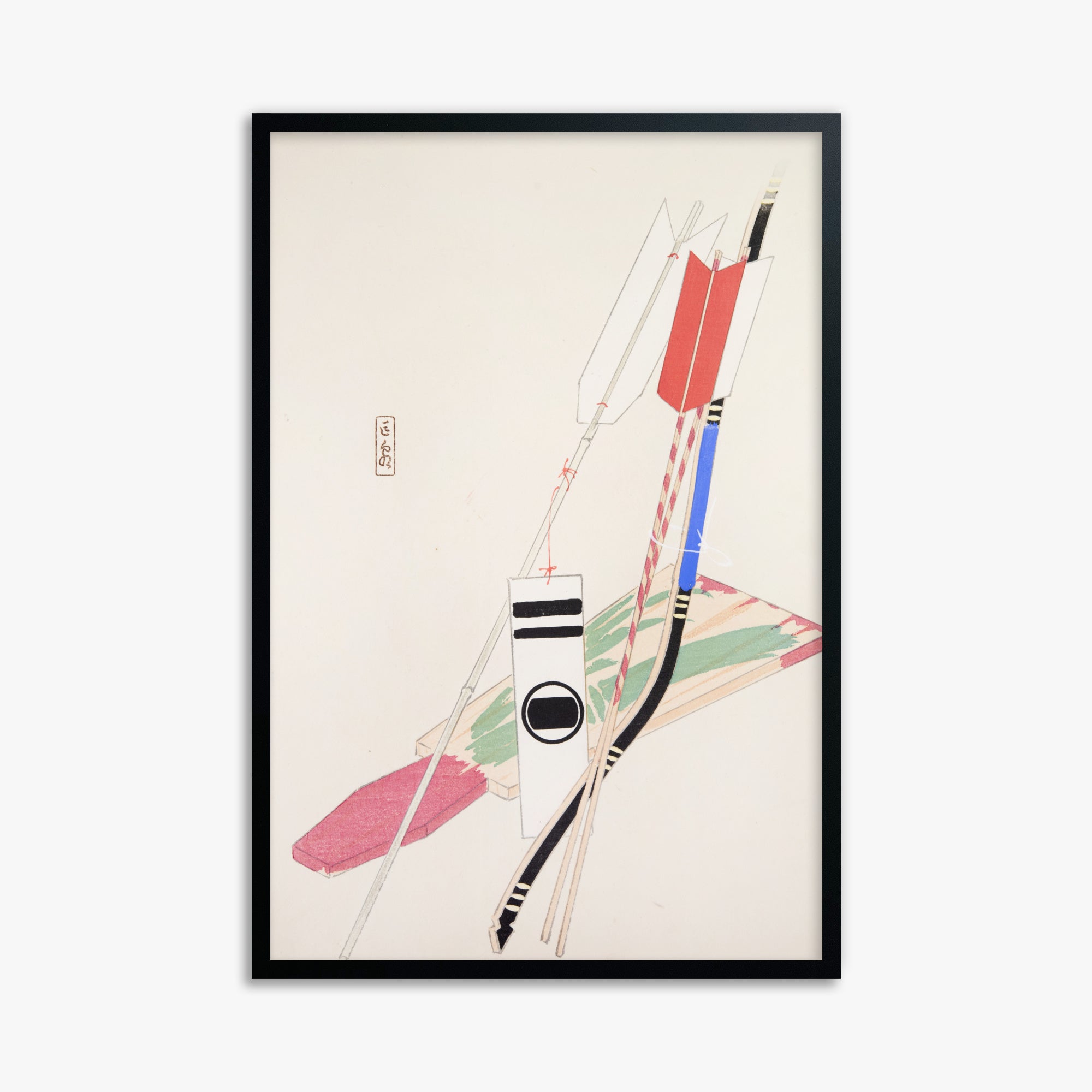 Kawasaki Kyosen: Kyosen’s Collected Illustrations of Japanese Toys Nr. 80 ("Traditional Bow Game"), 61x91cm Framed Art Reproduction With Black Frame