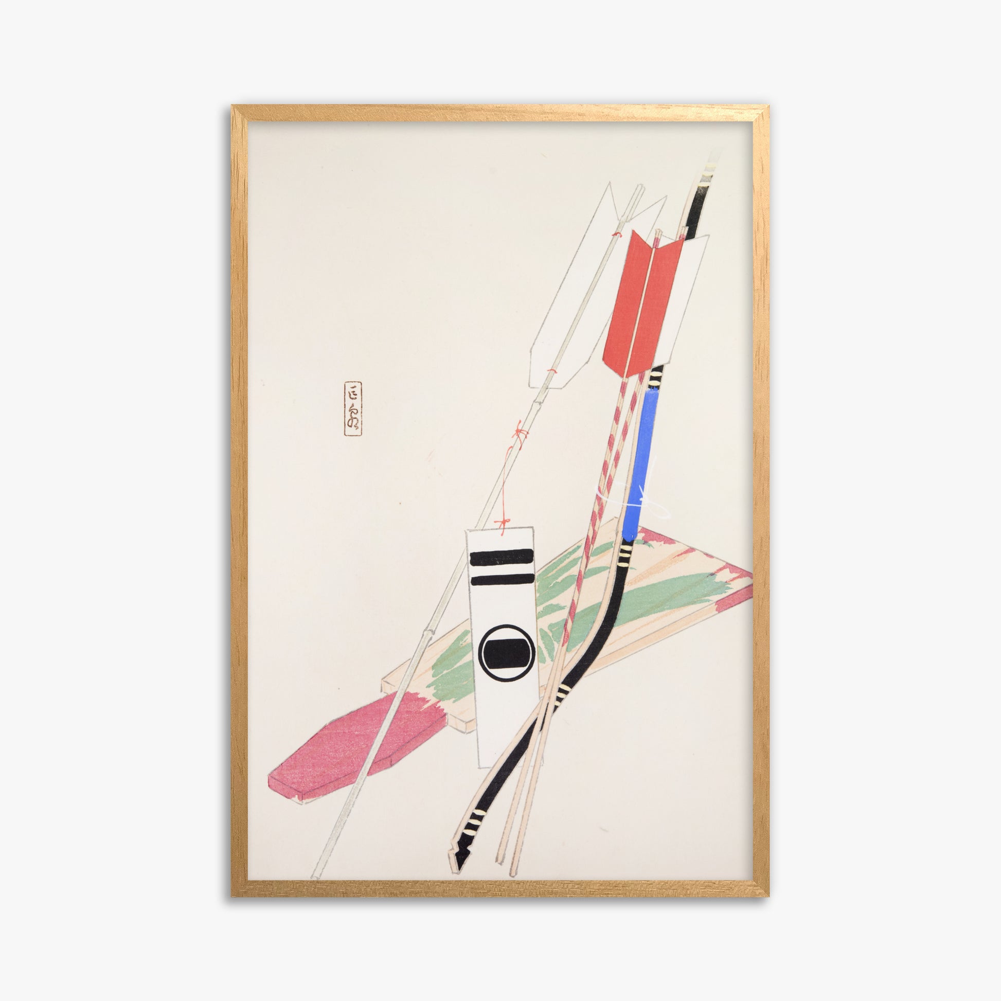 Kawasaki Kyosen: Kyosen’s Collected Illustrations of Japanese Toys Nr. 80 ("Traditional Bow Game"), 61x91cm Framed Art Reproduction With Oak Frame