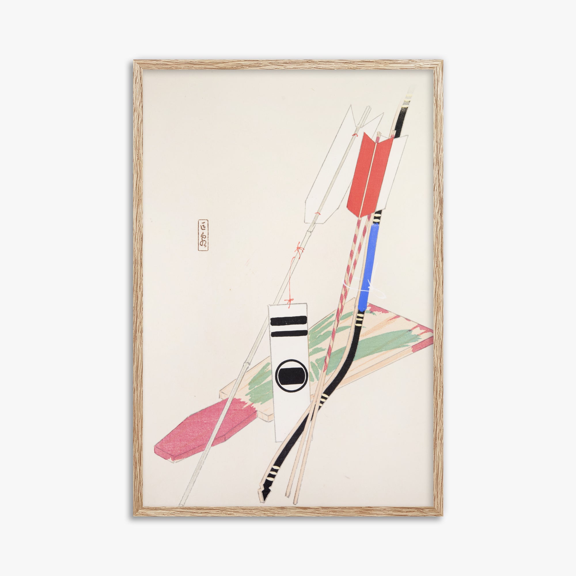 Kawasaki Kyosen: Kyosen’s Collected Illustrations of Japanese Toys Nr. 80 ("Traditional Bow Game"), 61x91cm Framed Art Reproduction With Raw Oak Frame