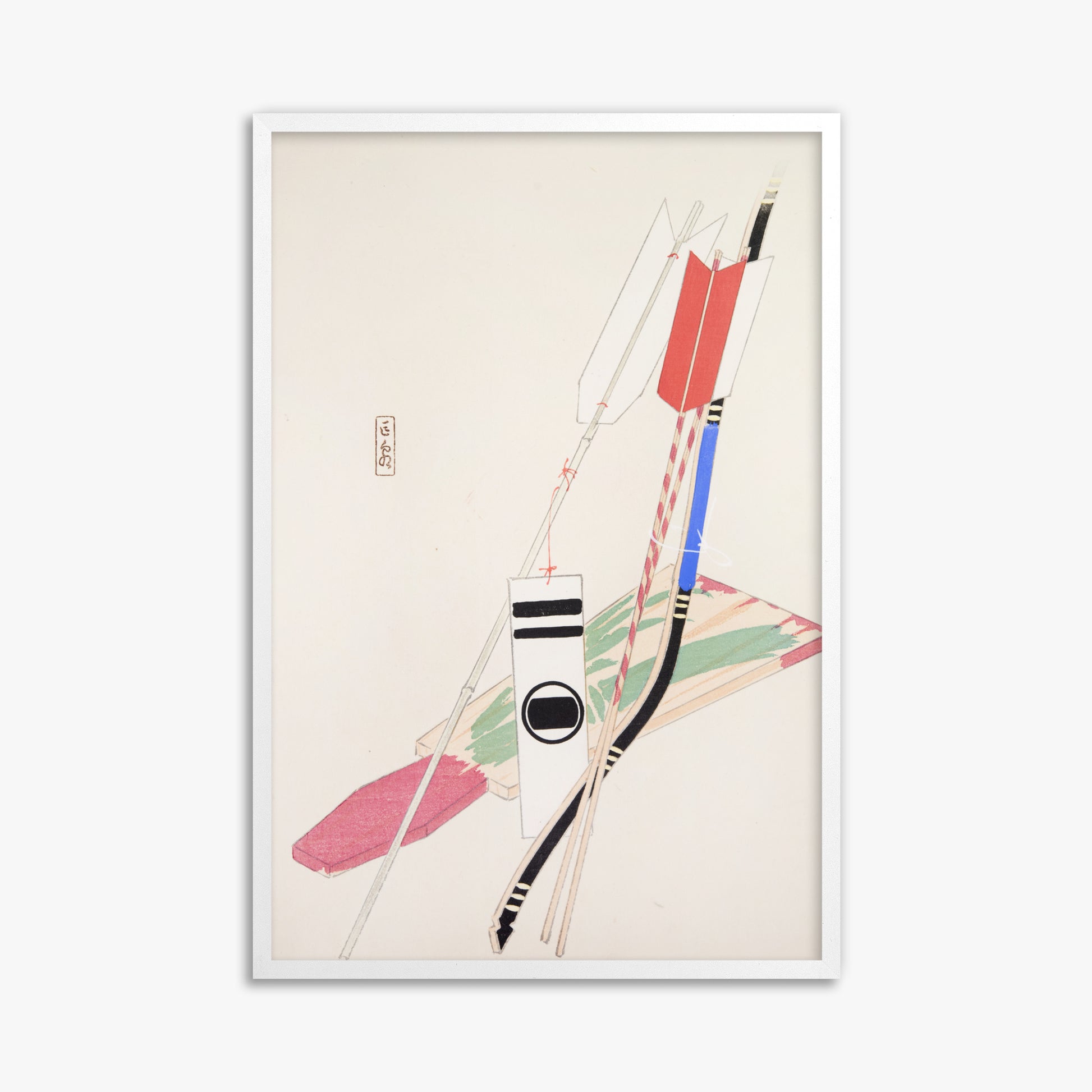 Kawasaki Kyosen: Kyosen’s Collected Illustrations of Japanese Toys Nr. 80 ("Traditional Bow Game"), 61x91cm Framed Art Reproduction With White Frame