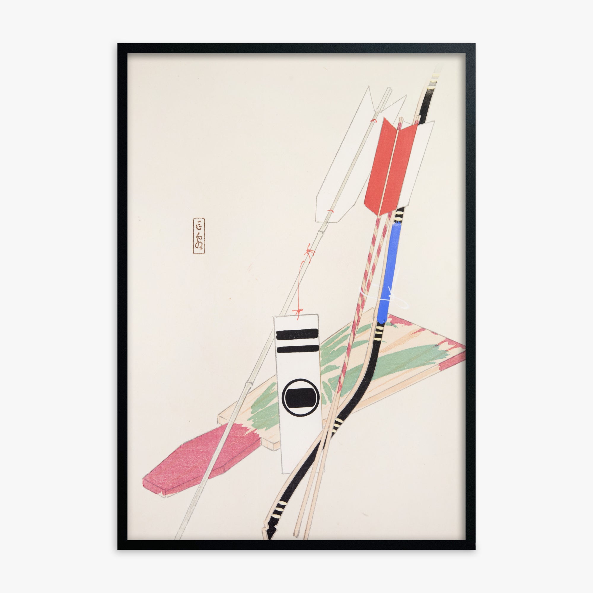 Kawasaki Kyosen: Kyosen’s Collected Illustrations of Japanese Toys Nr. 80 ("Traditional Bow Game"), Black Framed Art Reproduction With Black Frame