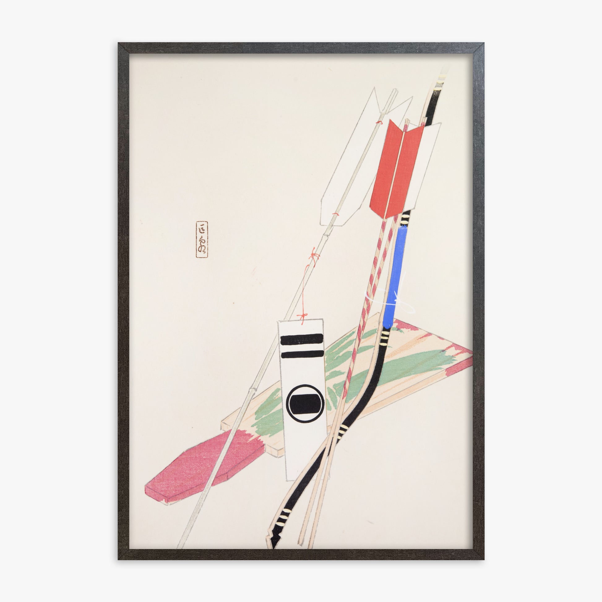 Kawasaki Kyosen: Kyosen’s Collected Illustrations of Japanese Toys Nr. 80 ("Traditional Bow Game"), 70x100cm Framed Art Reproduction With Espresso Frame