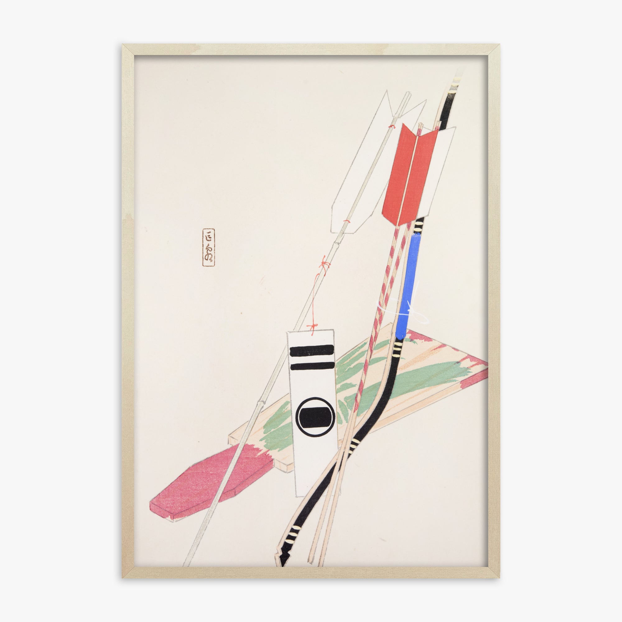Kawasaki Kyosen: Kyosen’s Collected Illustrations of Japanese Toys Nr. 80 ("Traditional Bow Game"), 70x100cm Framed Art Reproduction With Lime Wood Frame