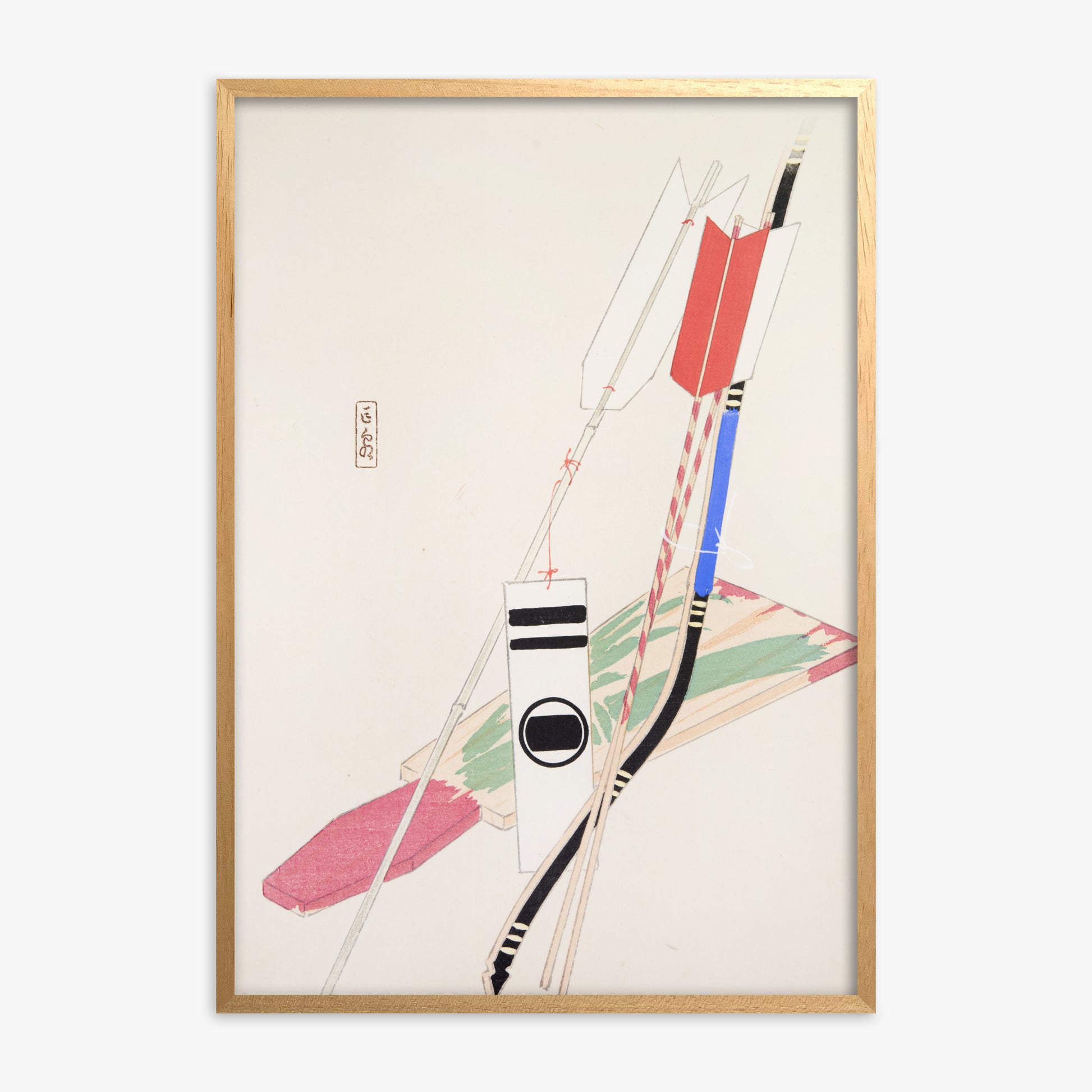 Kawasaki Kyosen: Kyosen’s Collected Illustrations of Japanese Toys Nr. 80 ("Traditional Bow Game"), Oak Framed Art Reproduction With Oak Frame
