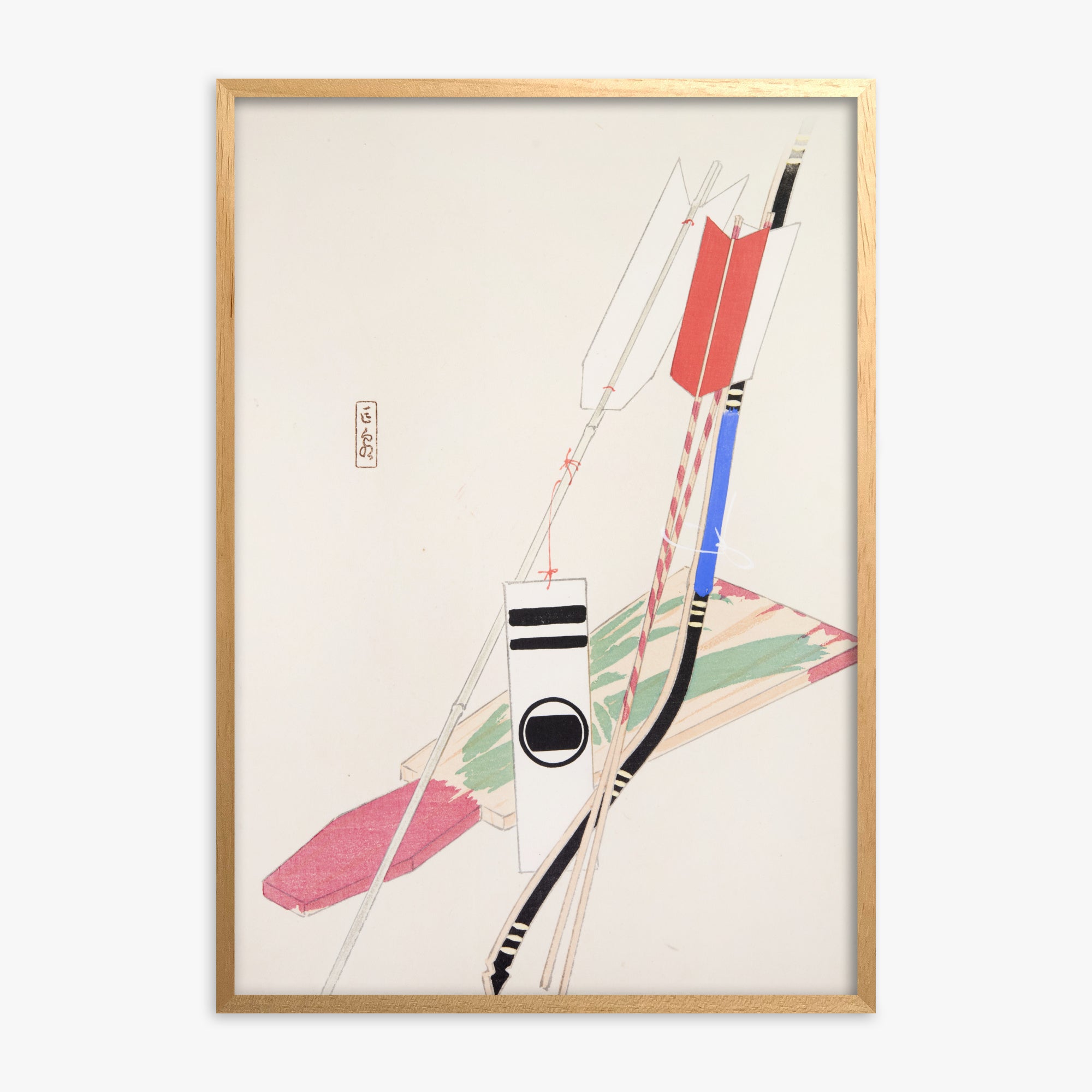 Kawasaki Kyosen: Kyosen’s Collected Illustrations of Japanese Toys Nr. 80 ("Traditional Bow Game"), Oak Framed Art Reproduction With Oak Frame