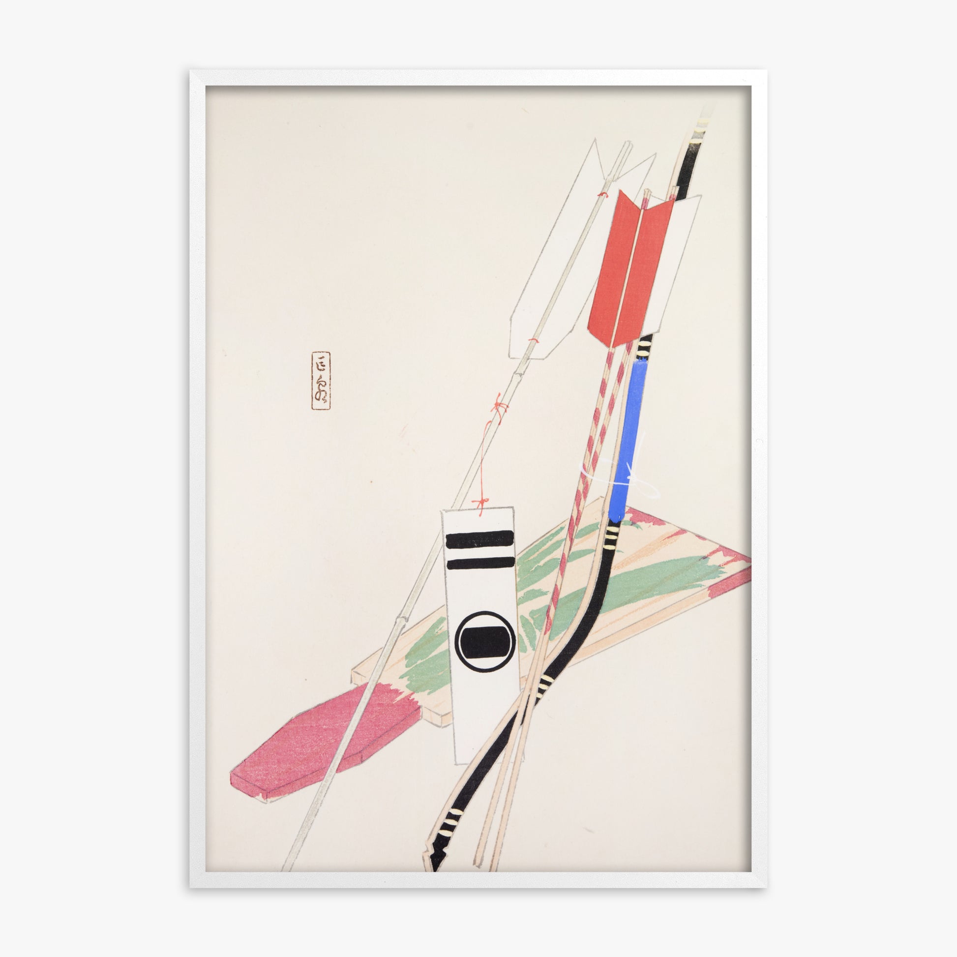 Kawasaki Kyosen: Kyosen’s Collected Illustrations of Japanese Toys Nr. 80 ("Traditional Bow Game"), White Framed Art Reproduction With White Frame