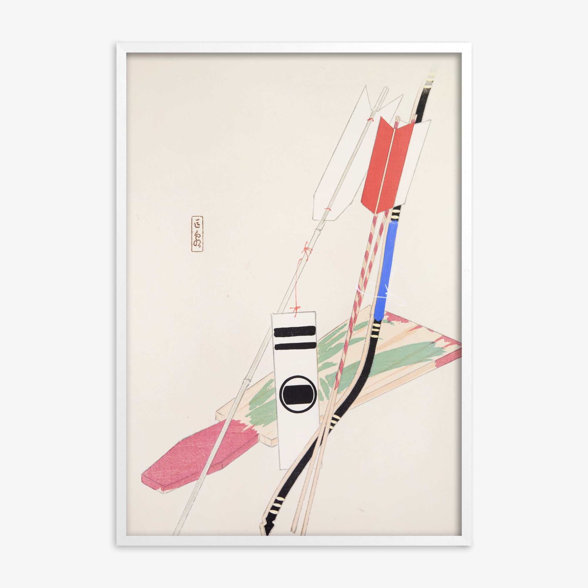 Kawasaki Kyosen: Kyosen’s Collected Illustrations of Japanese Toys Nr. 80 ("Traditional Bow Game"), White Framed Art Reproduction With White Frame